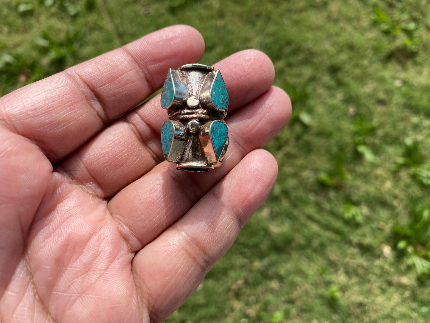 Tibetan Silver Focal Bead, Turquoise, Coral, Lapis Inlaid, Bead for Necklace, Bracelet Charm, Mala Bead, Hill Tribe Center Bead