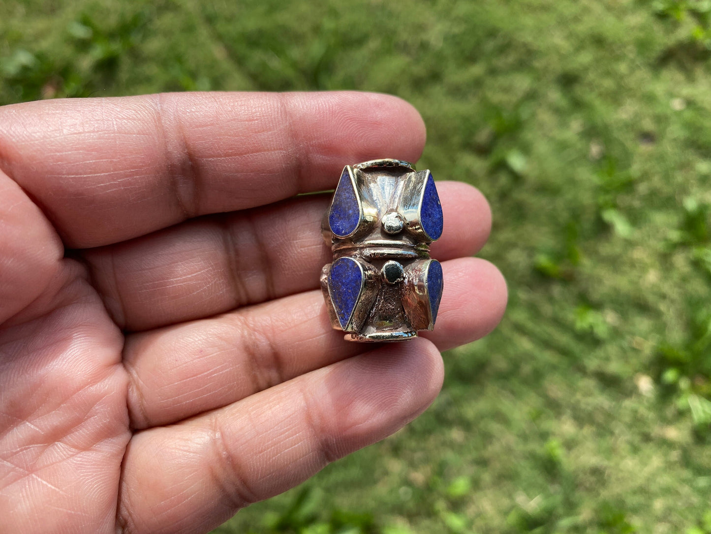 Tibetan Silver Focal Bead, Turquoise, Coral, Lapis Inlaid, Bead for Necklace, Bracelet Charm, Mala Bead, Hill Tribe Center Bead