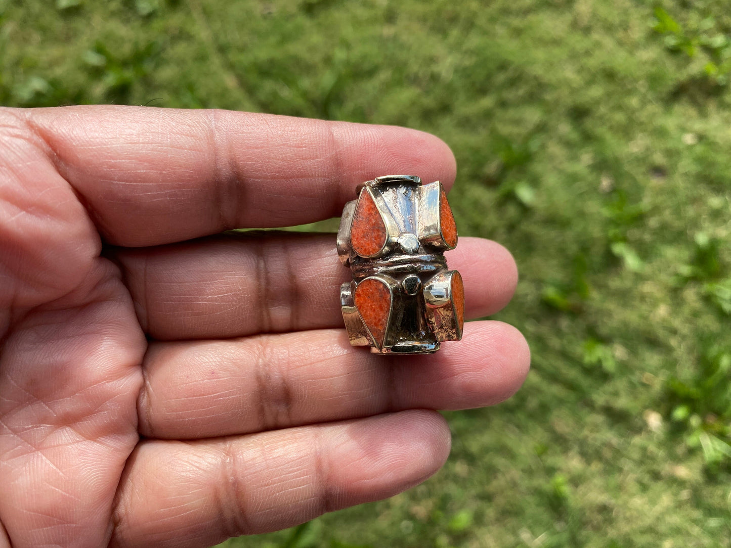 Tibetan Silver Focal Bead, Turquoise, Coral, Lapis Inlaid, Bead for Necklace, Bracelet Charm, Mala Bead, Hill Tribe Center Bead