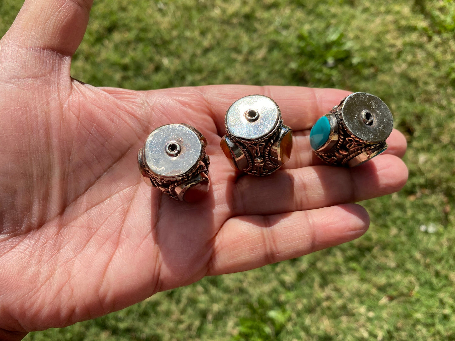 Tibetan Silver Guru Bead, Turquoise, Coral Inlaid, Himalayan Bead for Necklace, Bracelet Charm, Mala Bead, Hill Tribe Center Bead