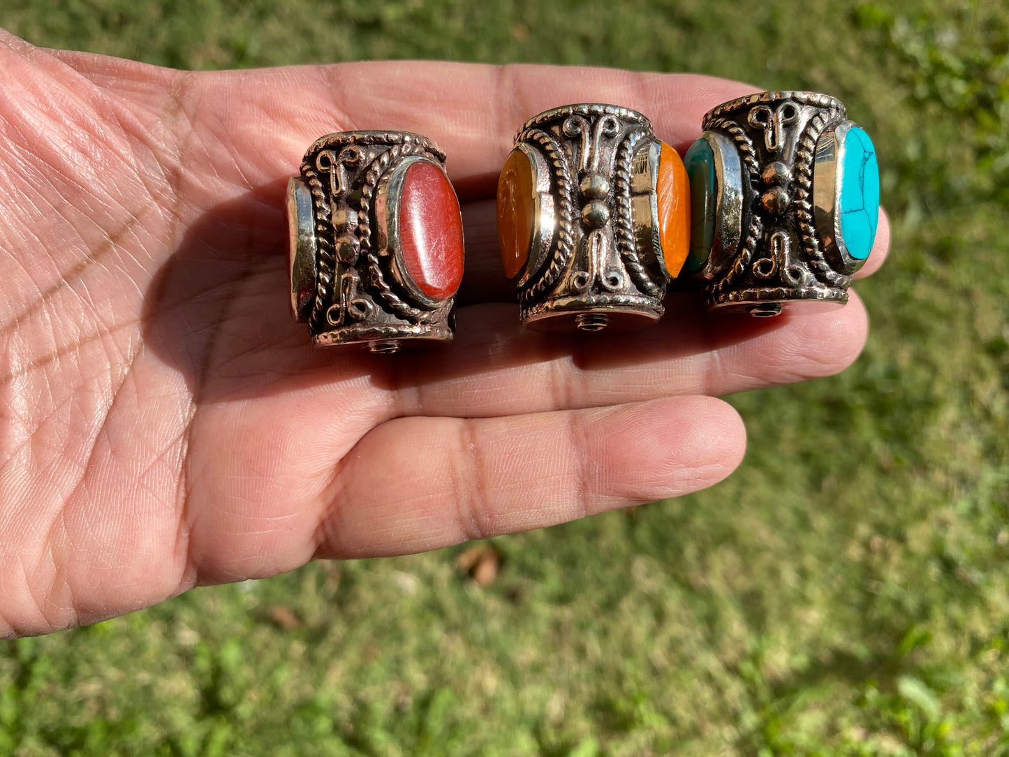 Tibetan Silver Guru Bead, Turquoise, Coral Inlaid, Himalayan Bead for Necklace, Bracelet Charm, Mala Bead, Hill Tribe Center Bead