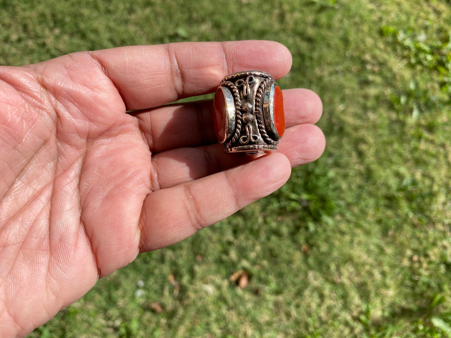 Tibetan Silver Guru Bead, Turquoise, Coral Inlaid, Himalayan Bead for Necklace, Bracelet Charm, Mala Bead, Hill Tribe Center Bead