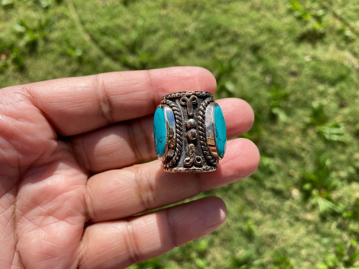 Tibetan Silver Guru Bead, Turquoise, Coral Inlaid, Himalayan Bead for Necklace, Bracelet Charm, Mala Bead, Hill Tribe Center Bead