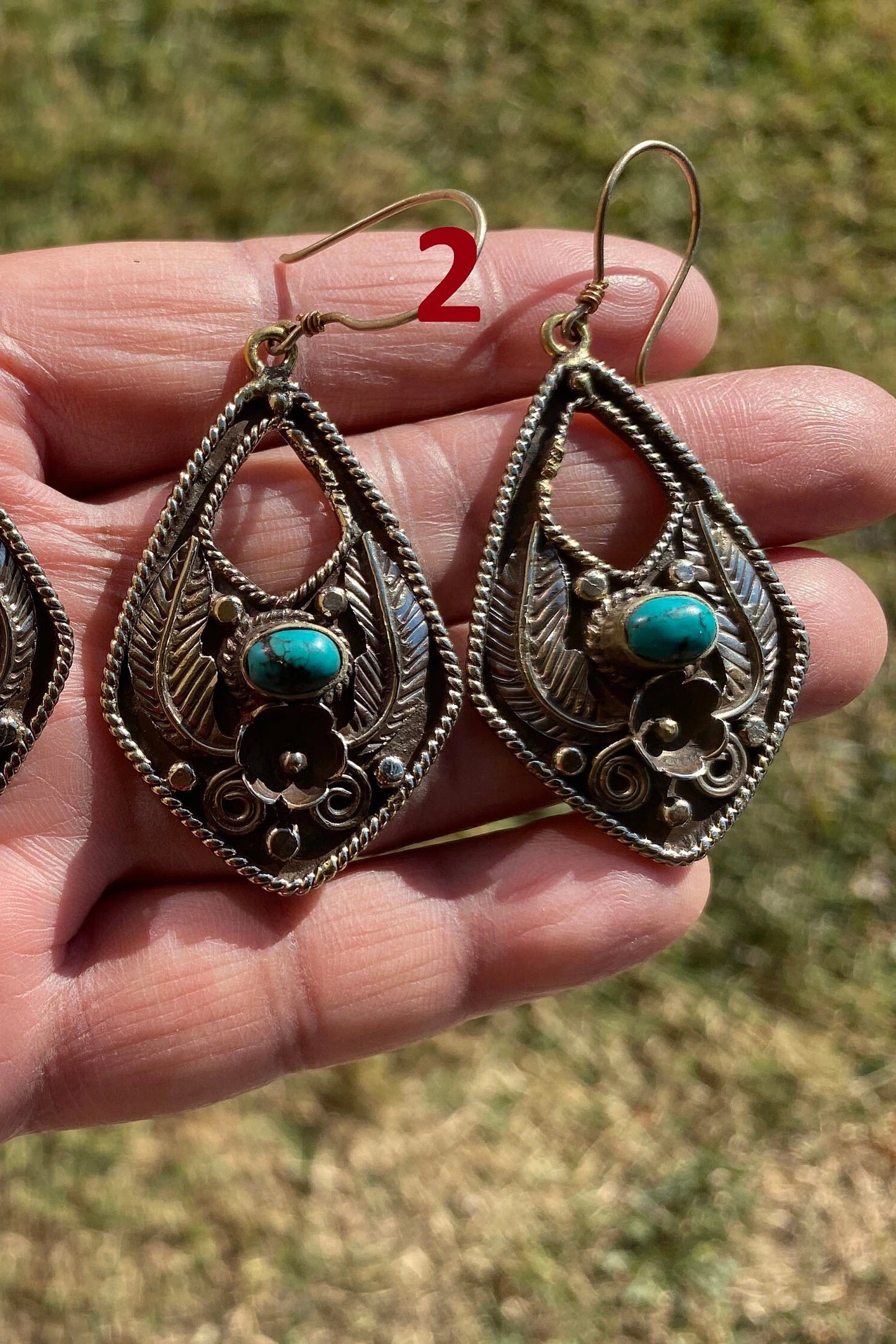 Tibetan Silver Large Earrings, Turquoise or Red Coral, Birthstone Earrings, Birthday Gift, Dangle Earrings, Bridesmaid Earring, Light Weight