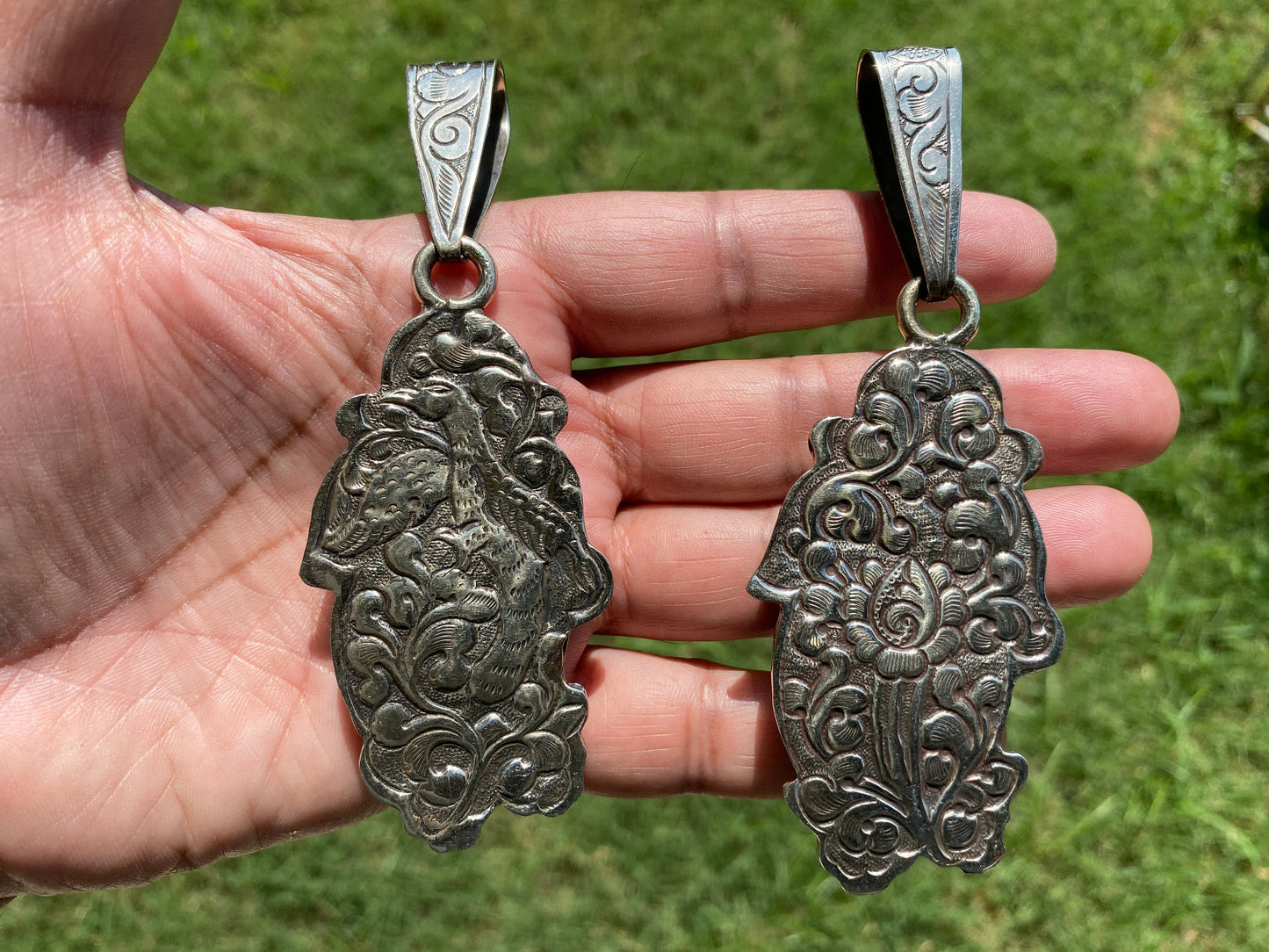 Tibetan Silver Large Pendant, Citrine Gemstone Pendant for Necklace, Jewelry from Nepal, Hand Carved Pendant,Nepal Ethnic Hill Tribe Jewelry