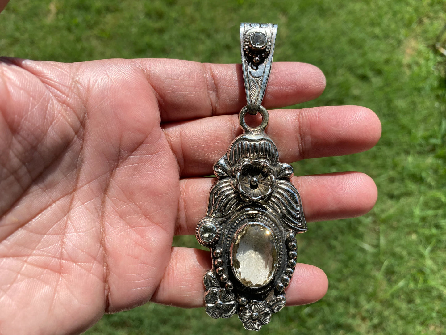 Tibetan Silver Large Pendant, Citrine Gemstone Pendant for Necklace, Jewelry from Nepal, Hand Carved Pendant,Nepal Ethnic Hill Tribe Jewelry
