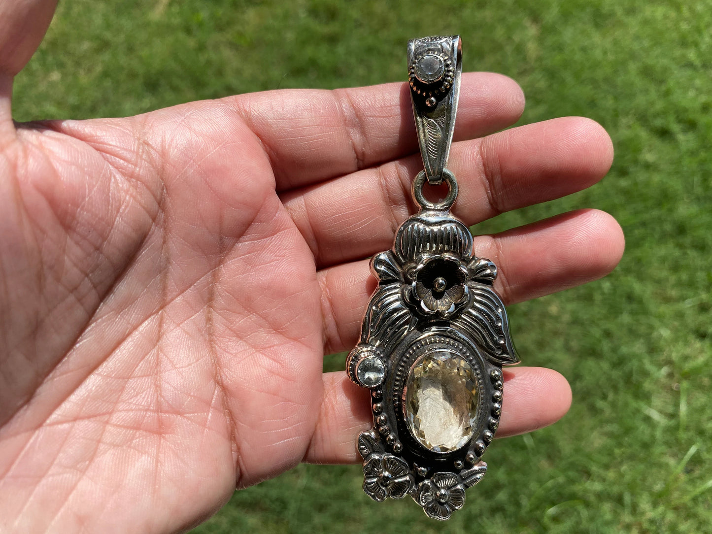 Tibetan Silver Large Pendant, Citrine Gemstone Pendant for Necklace, Jewelry from Nepal, Hand Carved Pendant,Nepal Ethnic Hill Tribe Jewelry