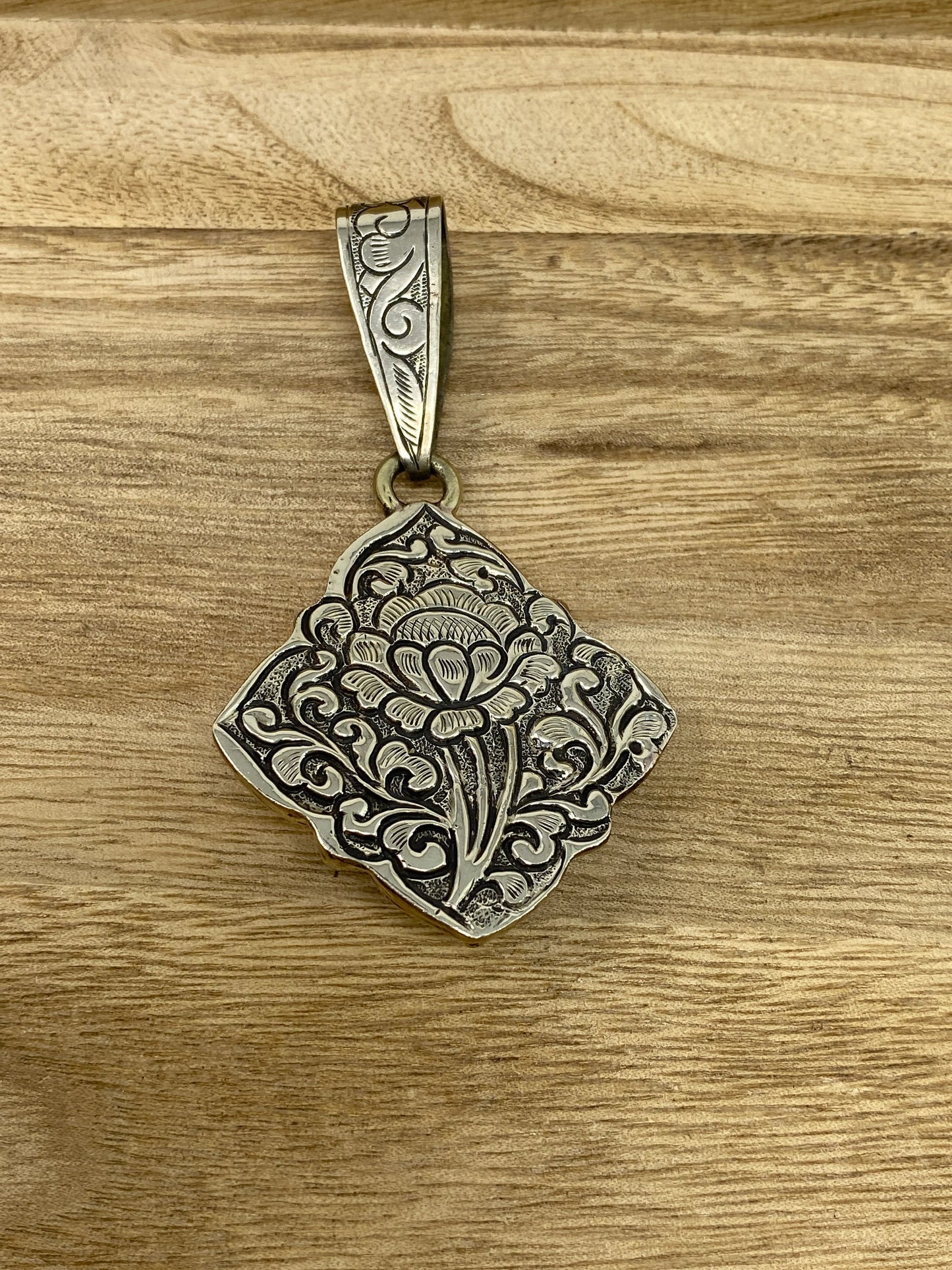 Tibetan Silver Pendant, Faceted Smoky Topaz, Handcrafted, Floral Designs, Himalayan, Hill Tribe, Ethnic Nepal Jewelry, Pendant for Necklace