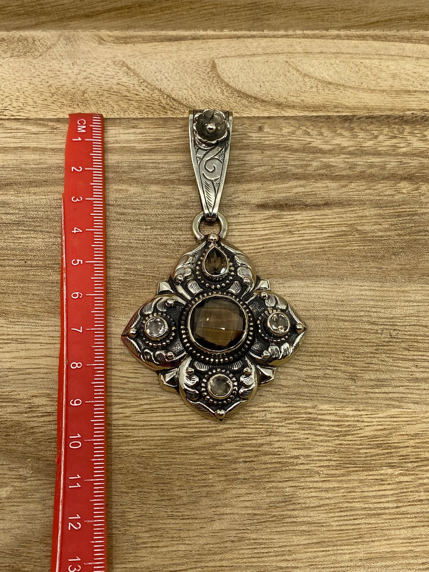 Tibetan Silver Pendant, Faceted Smoky Topaz, Handcrafted, Floral Designs, Himalayan, Hill Tribe, Ethnic Nepal Jewelry, Pendant for Necklace