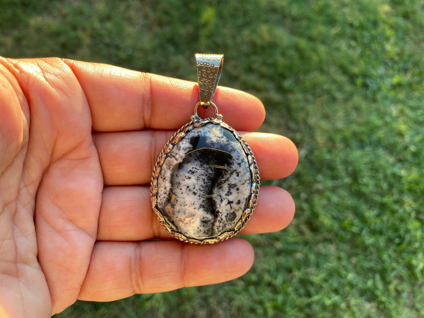 Dendritic Opal Agate Natural Gemstone, Tibetan Silver Pendant, Handcrafted Jewelry, Natural Stone Jewelry, Pendant for Necklace, Boho Chic