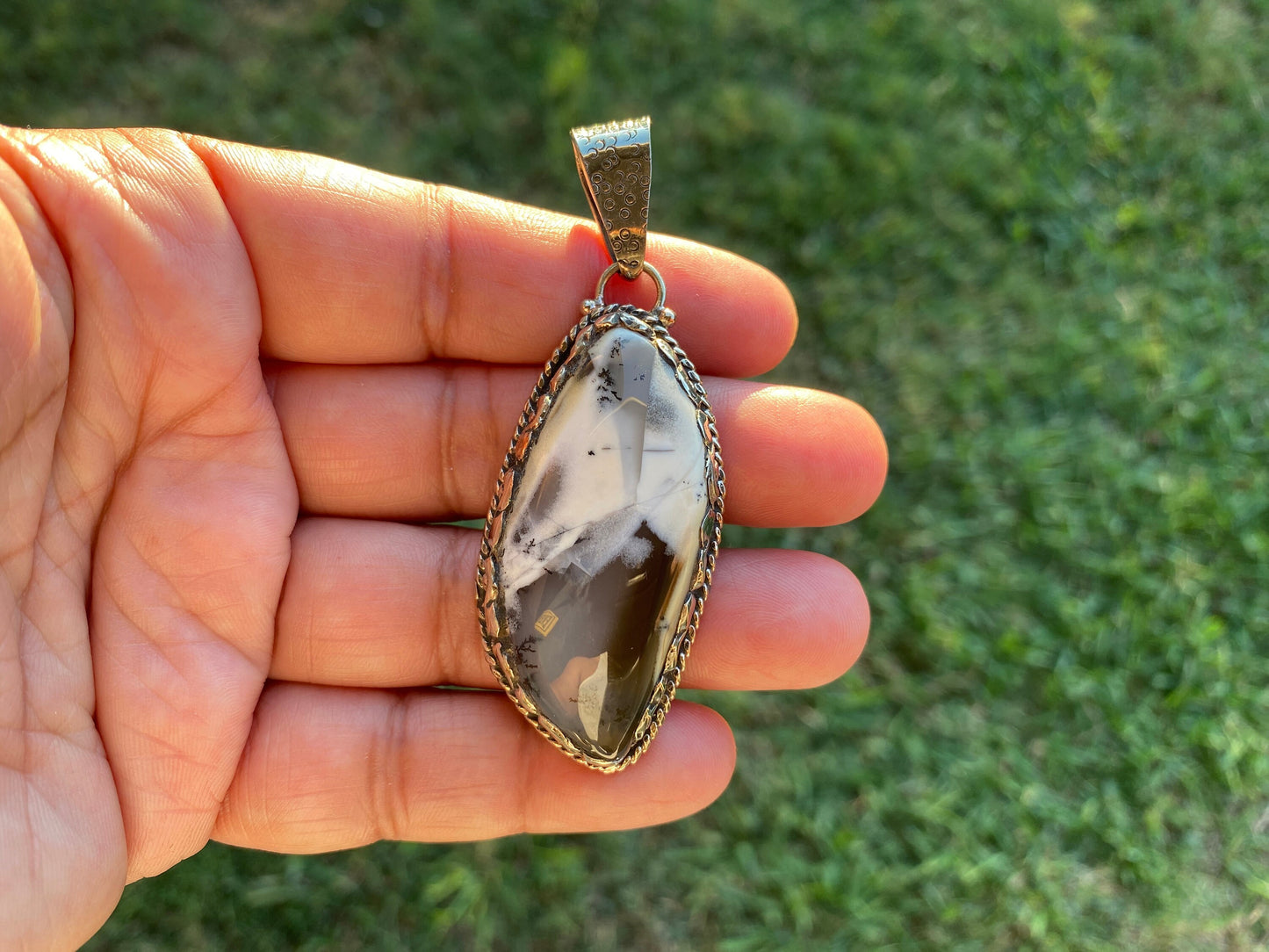 Dendritic Opal Agate Natural Gemstone, Tibetan Silver Pendant, Handcrafted Jewelry, Natural Stone Jewelry, Pendant for Necklace, Boho Chic