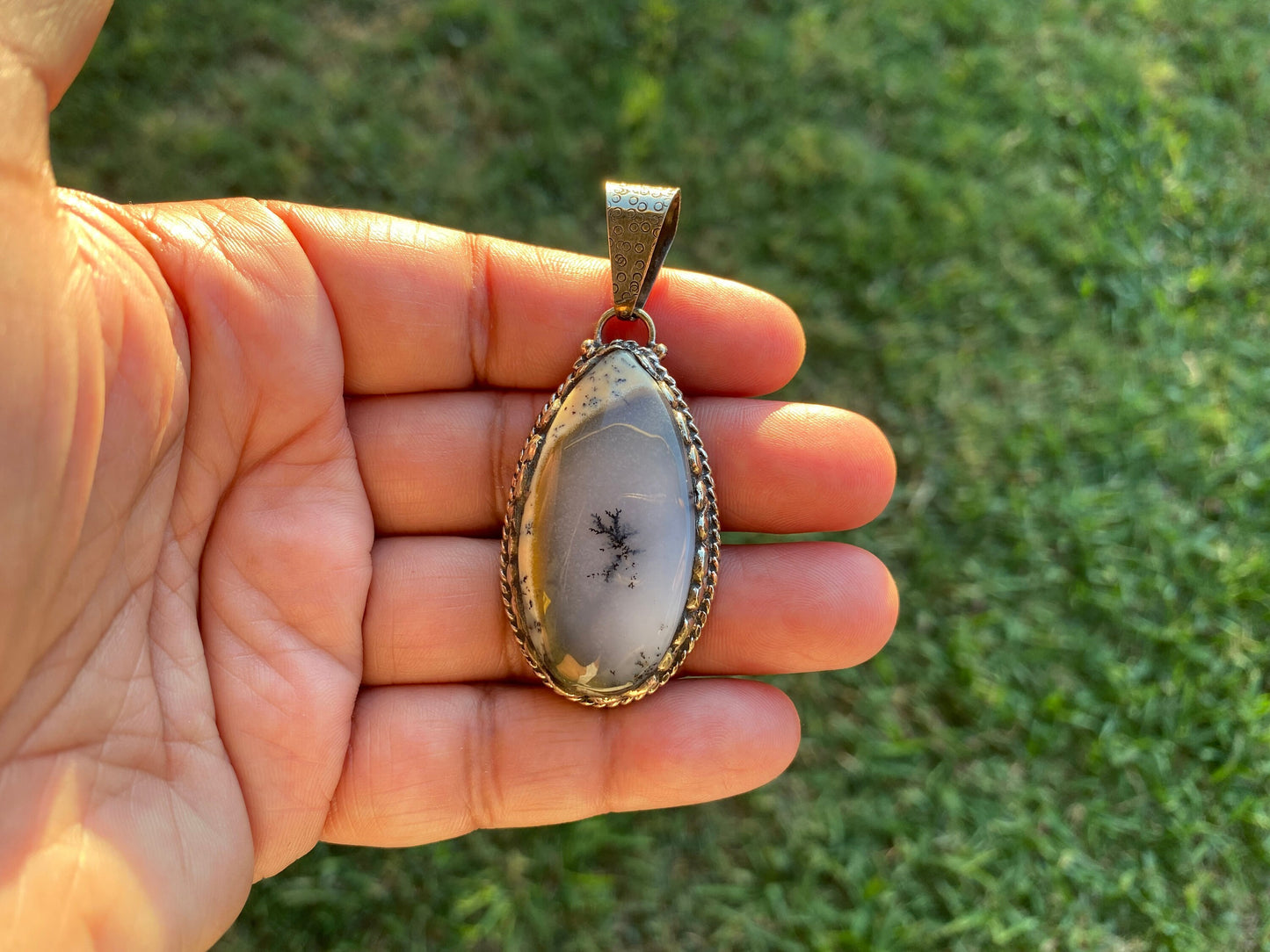 Dendritic Opal Agate Natural Gemstone, Tibetan Silver Pendant, Handcrafted Jewelry, Natural Stone Jewelry, Pendant for Necklace, Boho Chic