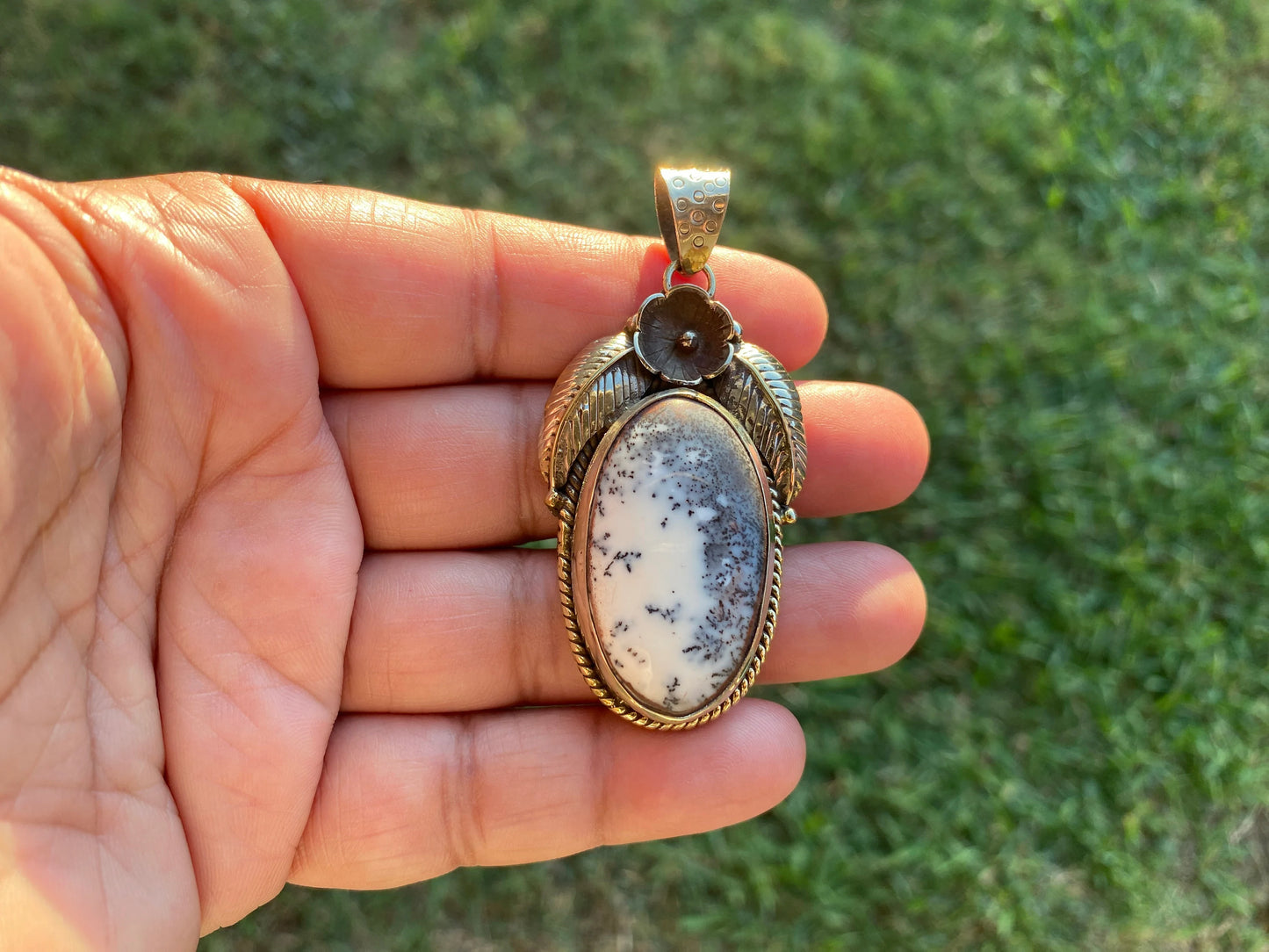 Dendritic Opal Agate Natural Gemstone, Tibetan Silver Pendant, Handcrafted Jewelry, Natural Stone Jewelry, Pendant for Necklace, Boho Chic