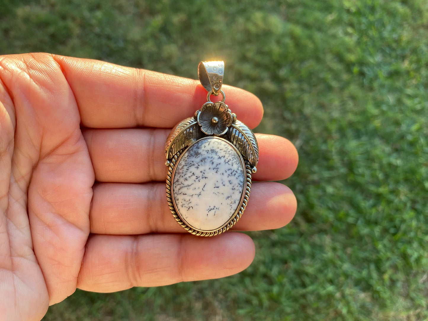 Dendritic Opal Agate Natural Gemstone, Tibetan Silver Pendant, Handcrafted Jewelry, Natural Stone Jewelry, Pendant for Necklace, Boho Chic