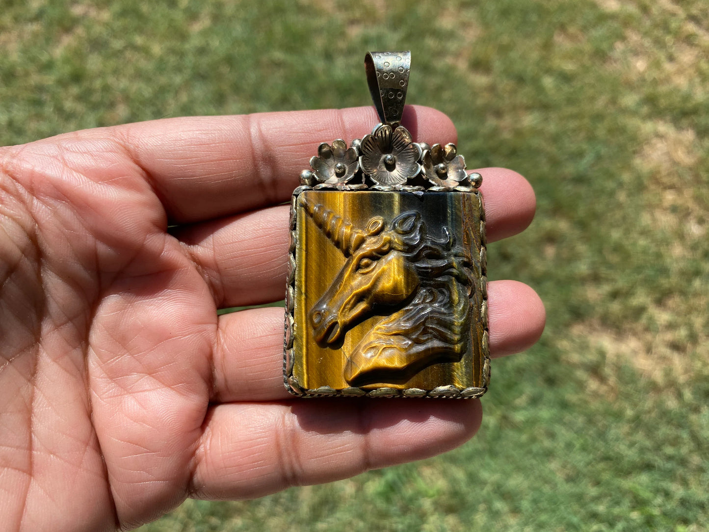 Large Hand Carved Unicorn Pendant, Tiger Eye Natural Stone, Tibetan Silver Pendant, Horse Pendant, Animal Lover's Jewelry, Natural Gemstone