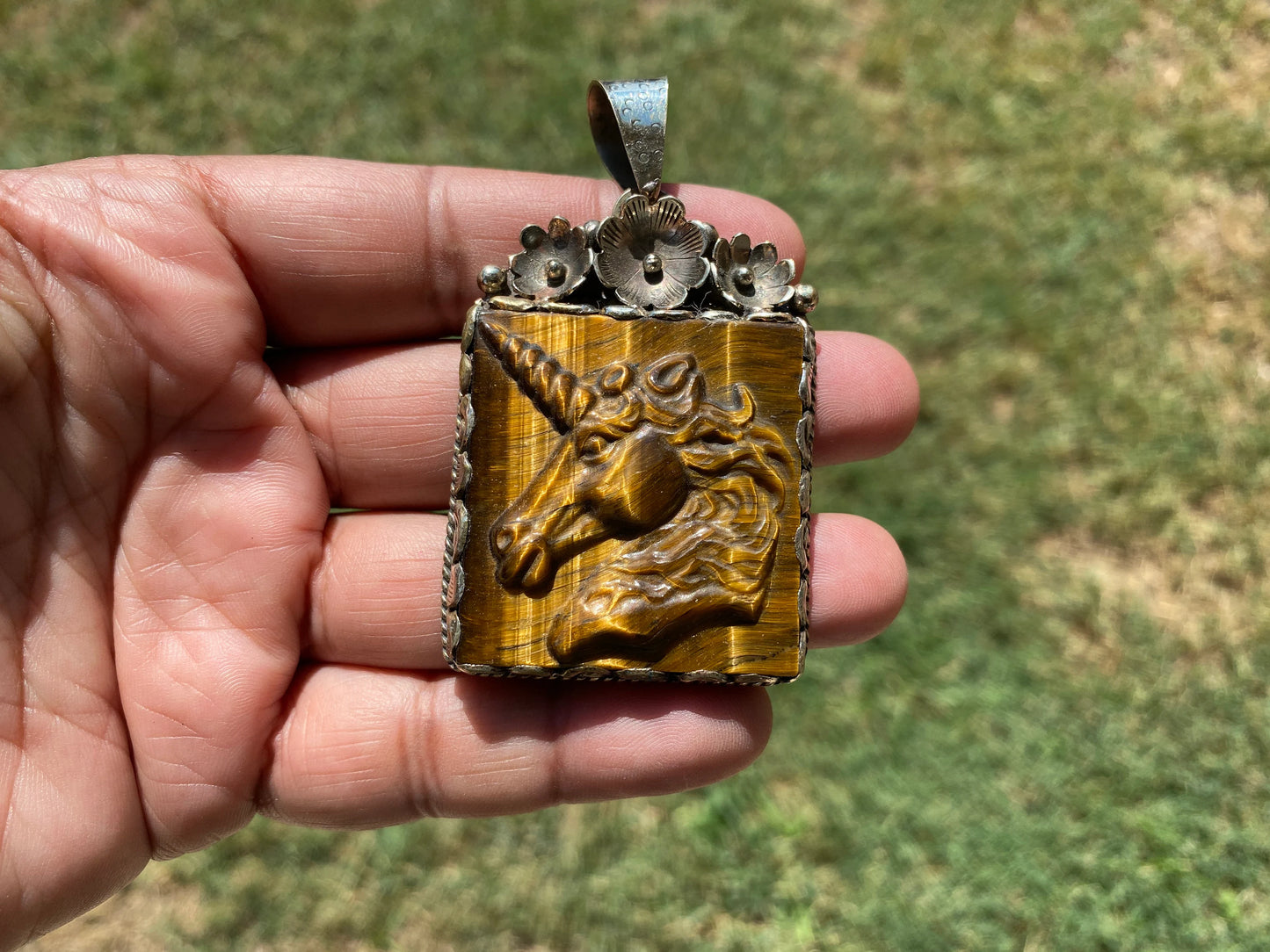 Large Hand Carved Unicorn Pendant, Tiger Eye Natural Stone, Tibetan Silver Pendant, Horse Pendant, Animal Lover's Jewelry, Natural Gemstone