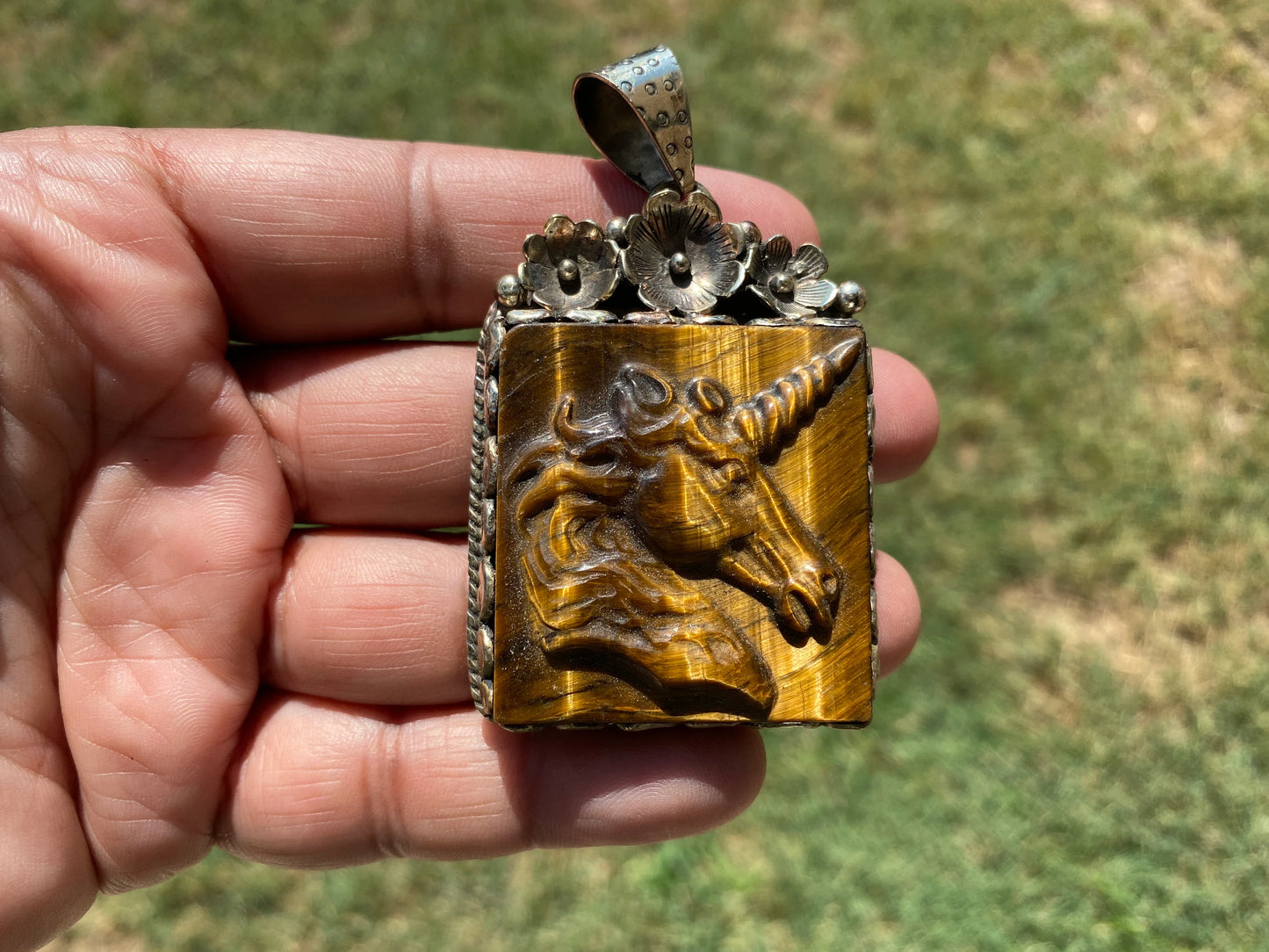 Large Hand Carved Unicorn Pendant, Tiger Eye Natural Stone, Tibetan Silver Pendant, Horse Pendant, Animal Lover's Jewelry, Natural Gemstone