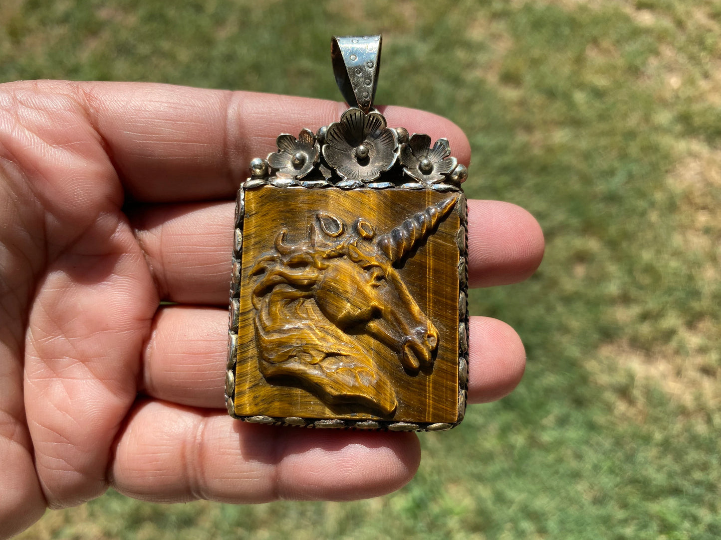 Large Hand Carved Unicorn Pendant, Tiger Eye Natural Stone, Tibetan Silver Pendant, Horse Pendant, Animal Lover's Jewelry, Natural Gemstone