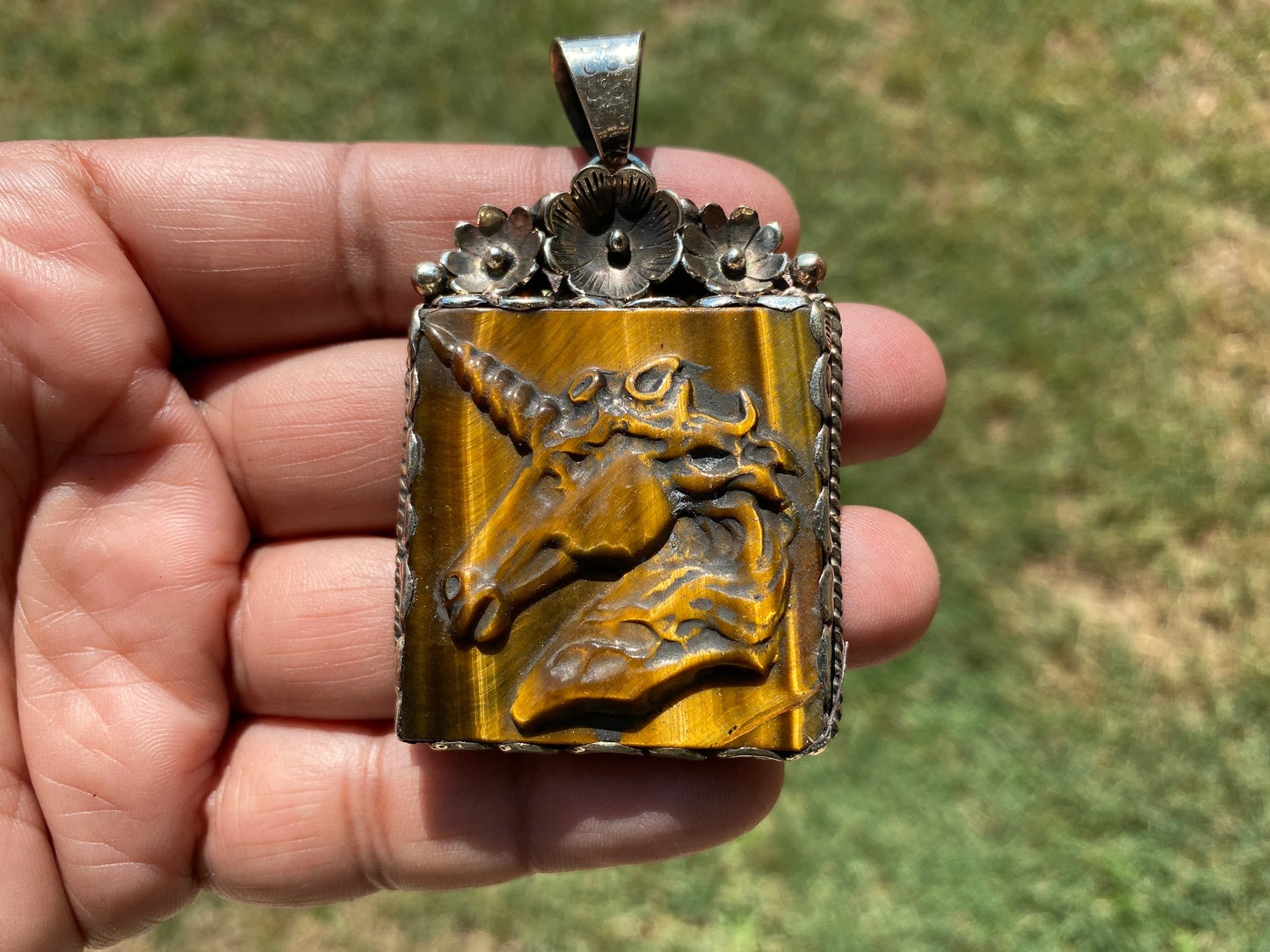 Large Hand Carved Unicorn Pendant, Tiger Eye Natural Stone, Tibetan Silver Pendant, Horse Pendant, Animal Lover's Jewelry, Natural Gemstone