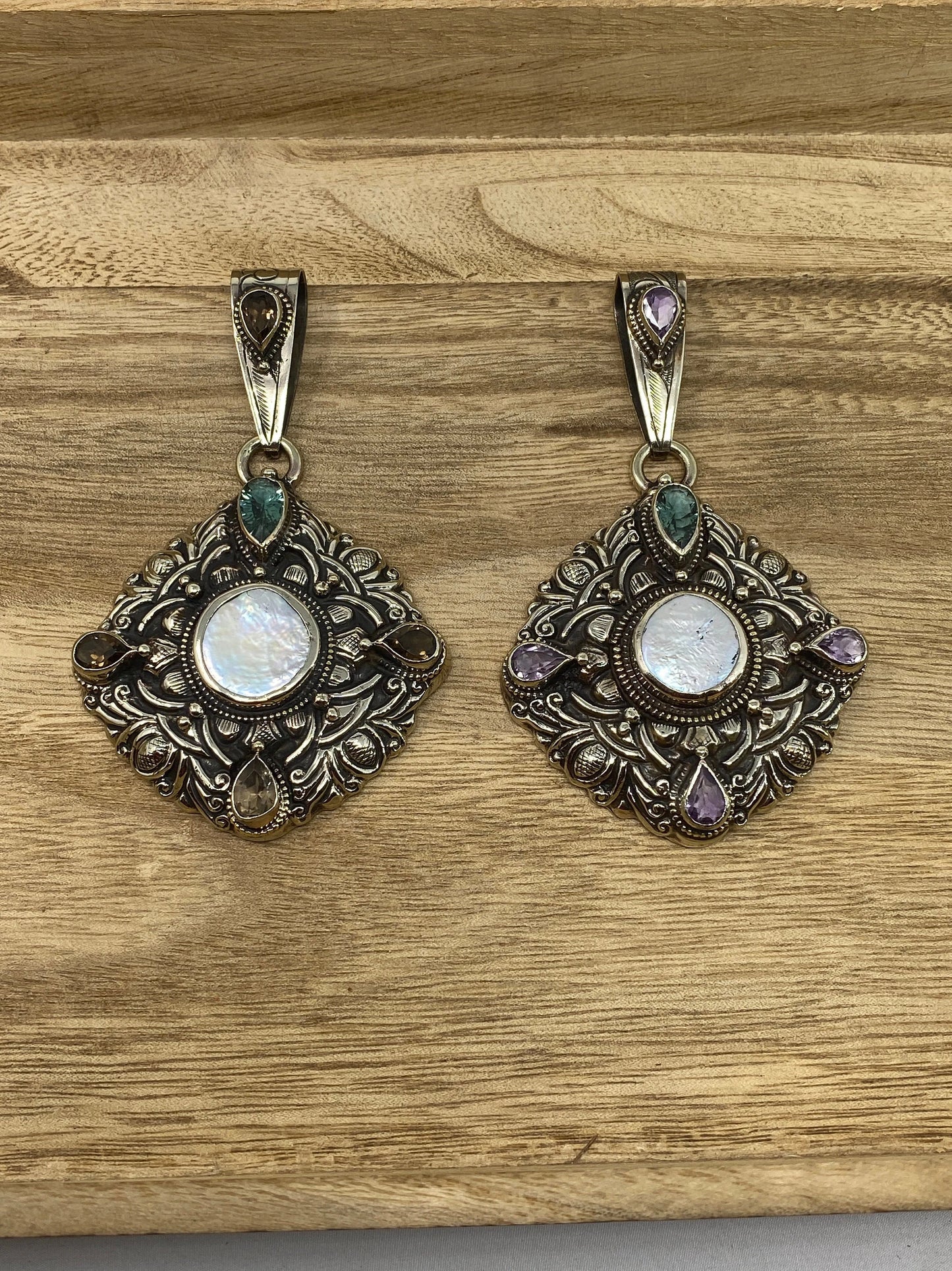 Tibetan Silver Pendant, Natural Pearl, Faceted Green Amethyst, Smoky Topaz or Amethyst, Floral Hand carved, Ethnic, Hill Tribe, Himalayan