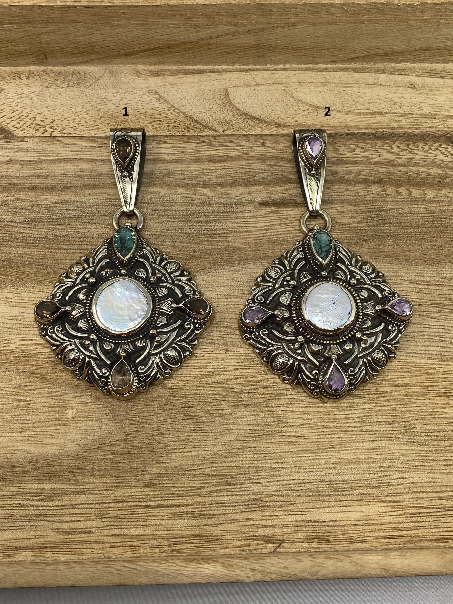 Tibetan Silver Pendant, Natural Pearl, Faceted Green Amethyst, Smoky Topaz or Amethyst, Floral Hand carved, Ethnic, Hill Tribe, Himalayan
