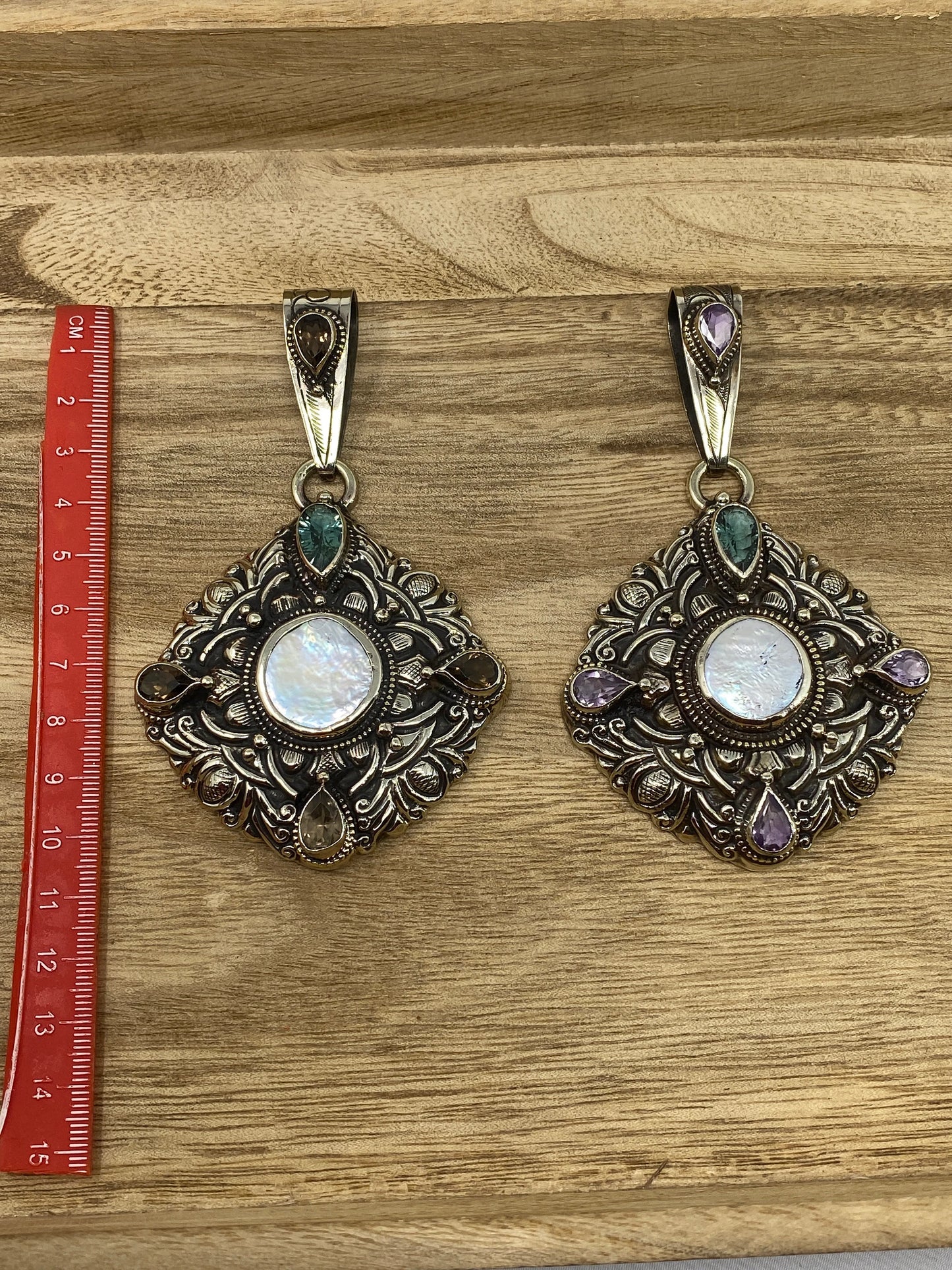 Tibetan Silver Pendant, Natural Pearl, Faceted Green Amethyst, Smoky Topaz or Amethyst, Floral Hand carved, Ethnic, Hill Tribe, Himalayan