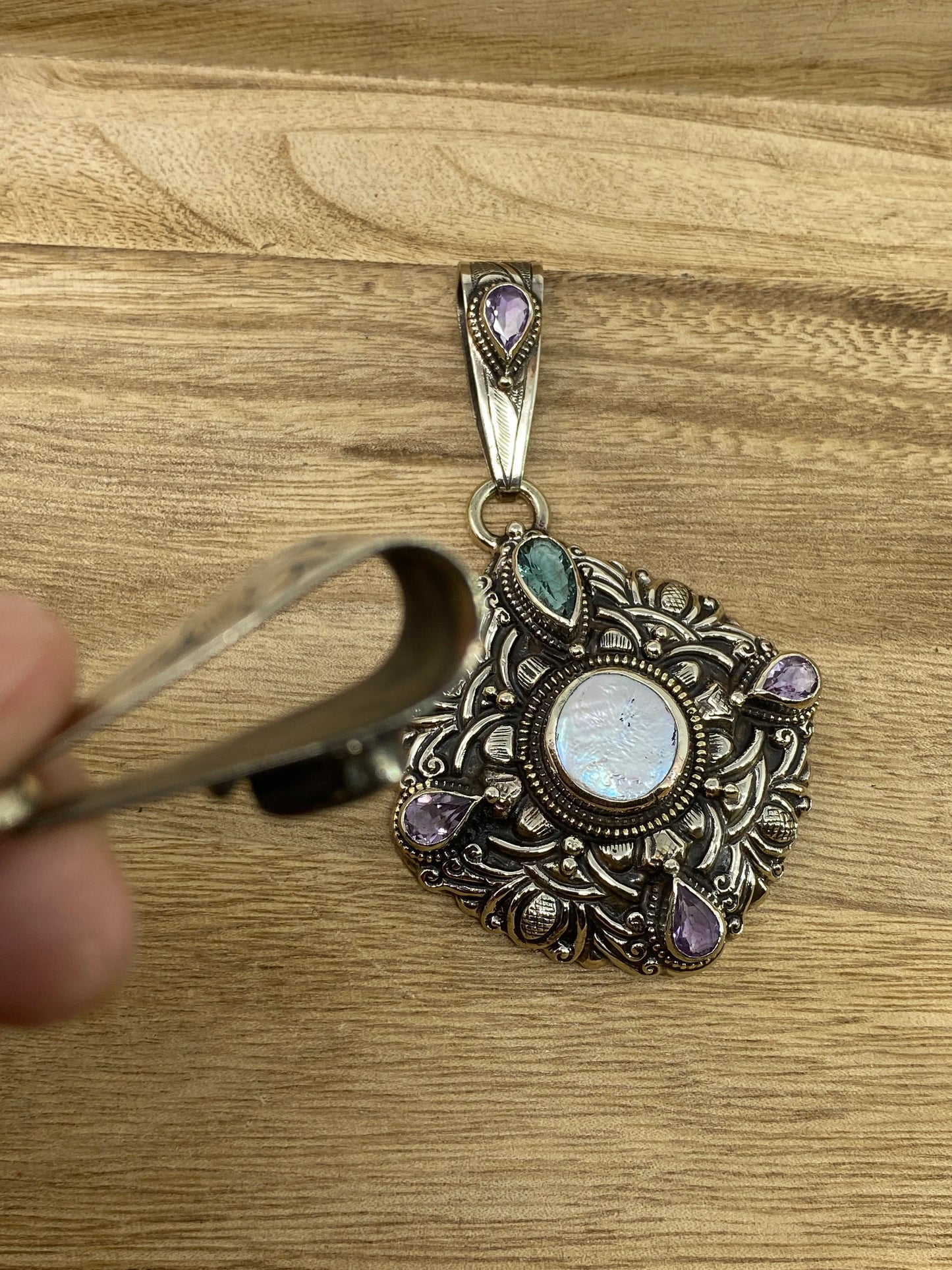 Tibetan Silver Pendant, Natural Pearl, Faceted Green Amethyst, Smoky Topaz or Amethyst, Floral Hand carved, Ethnic, Hill Tribe, Himalayan