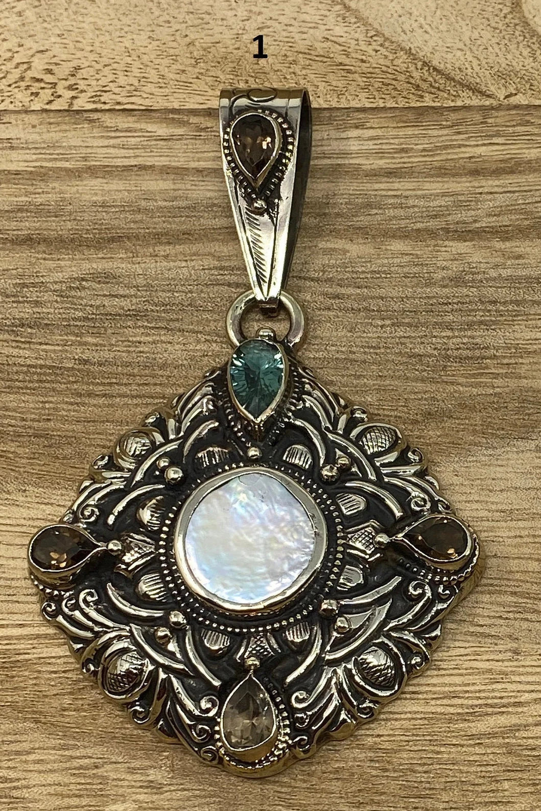 Tibetan Silver Pendant, Natural Pearl, Faceted Green Amethyst, Smoky Topaz or Amethyst, Floral Hand carved, Ethnic, Hill Tribe, Himalayan