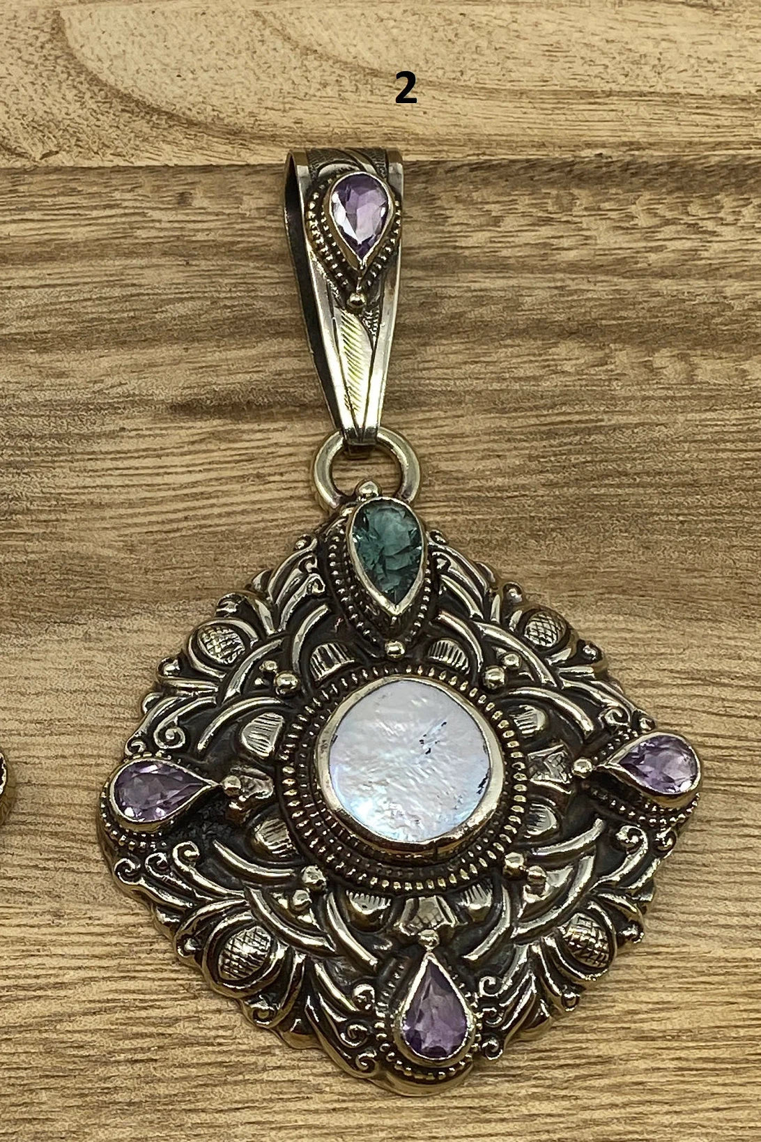 Tibetan Silver Pendant, Natural Pearl, Faceted Green Amethyst, Smoky Topaz or Amethyst, Floral Hand carved, Ethnic, Hill Tribe, Himalayan