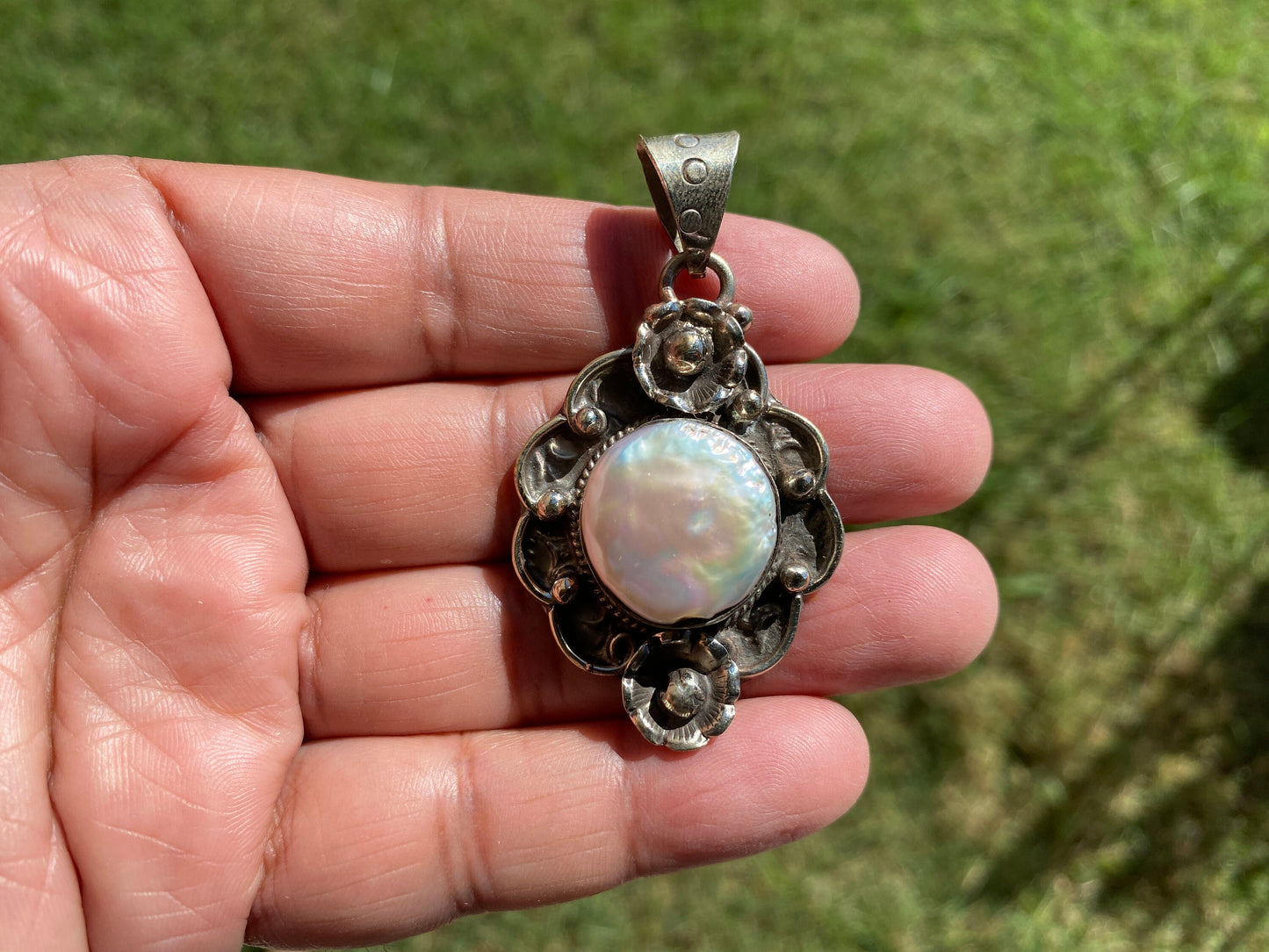 Tibetan Silver Pendant with Mother of Pearl, Birthstone Pendant for Necklace, Hill Tribe Jewelry, Women Jewelry, Himalayan Ethnic Jewelry