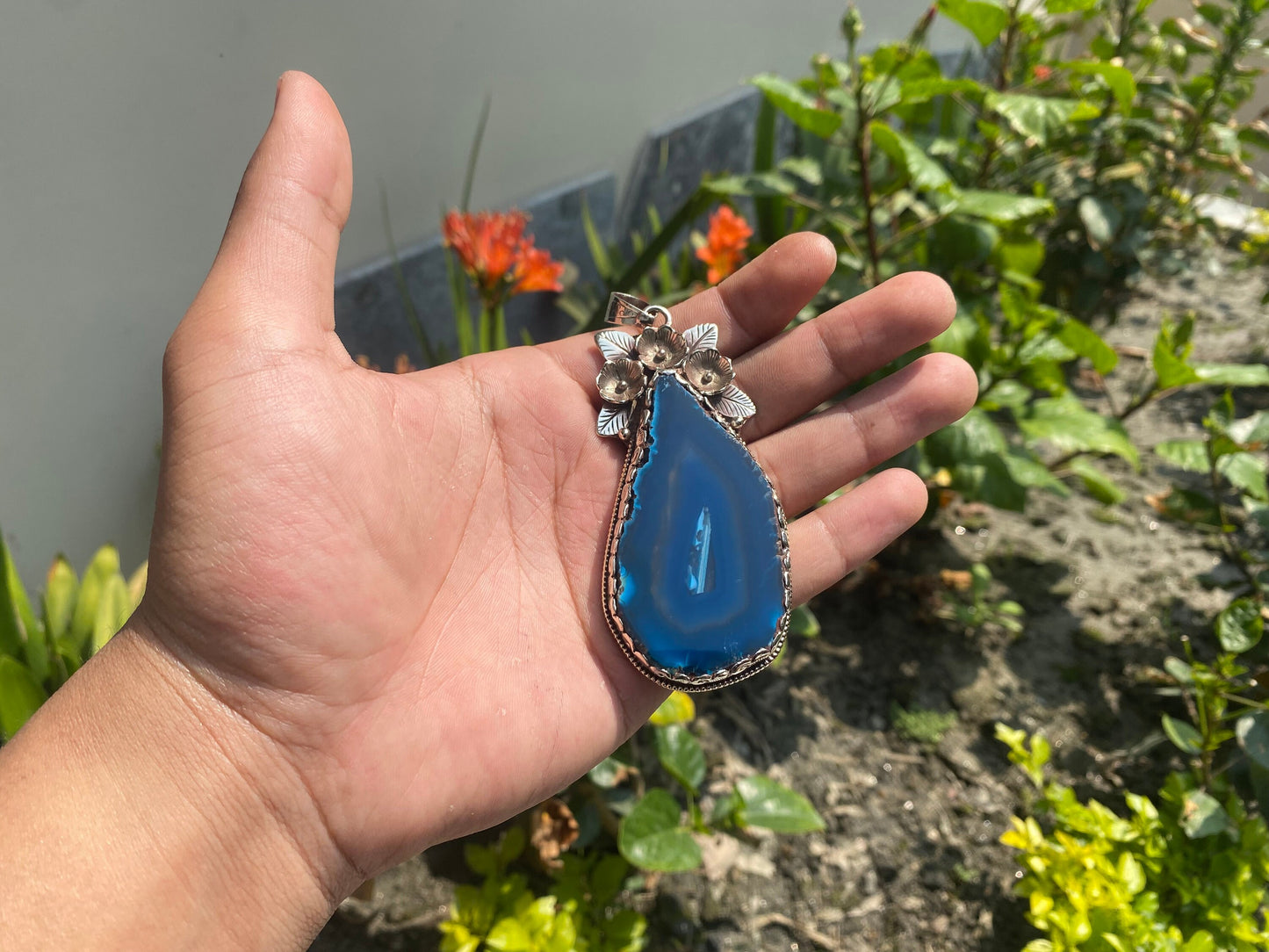 Tibetan Silver and Agate Slice Pendant, Cosmic Elegance, Agate Slice Pendant with Tibetan Silver Accent.