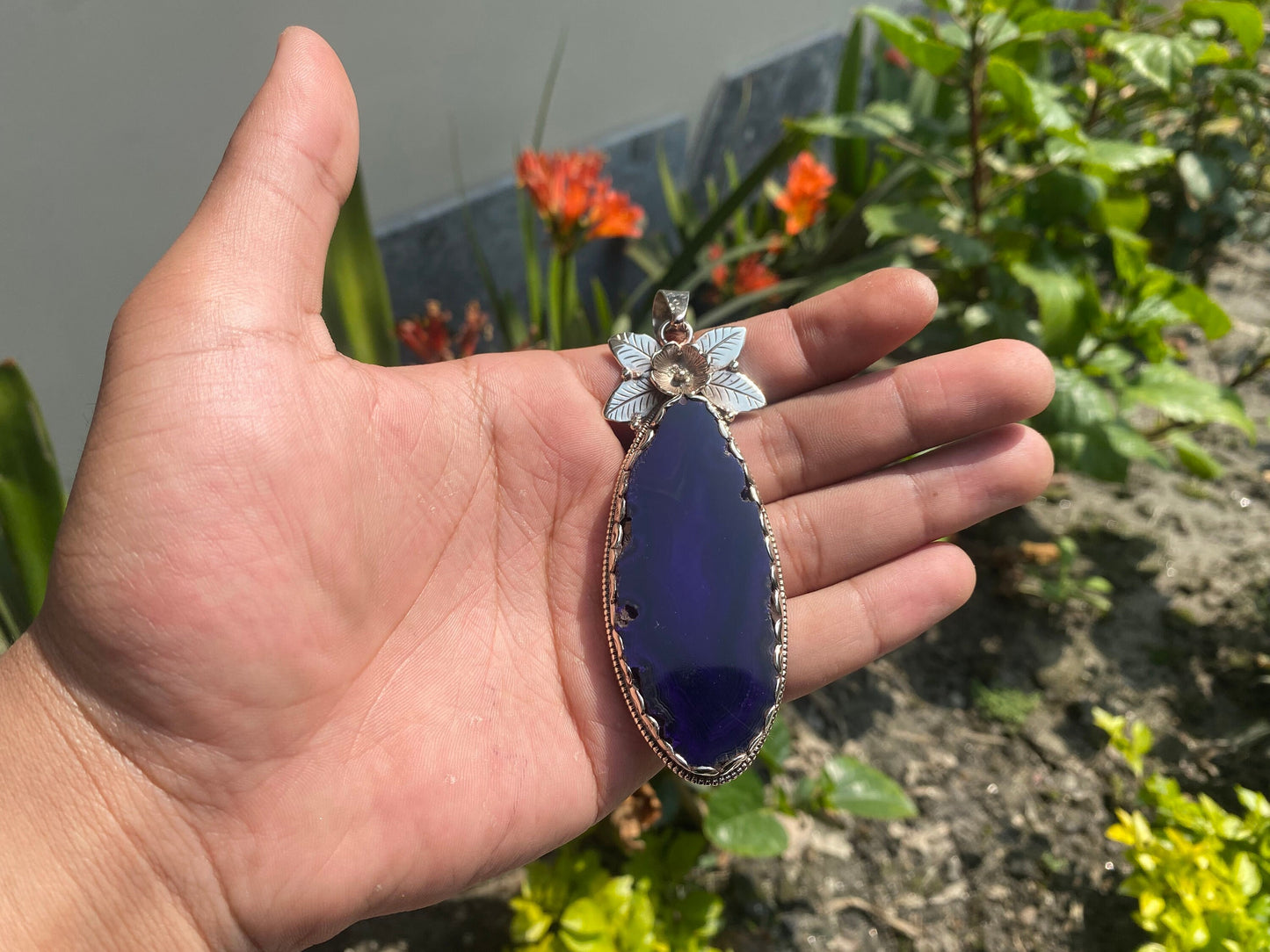 Tibetan Silver and Agate Slice Pendant, Cosmic Elegance, Agate Slice Pendant with Tibetan Silver Accent.