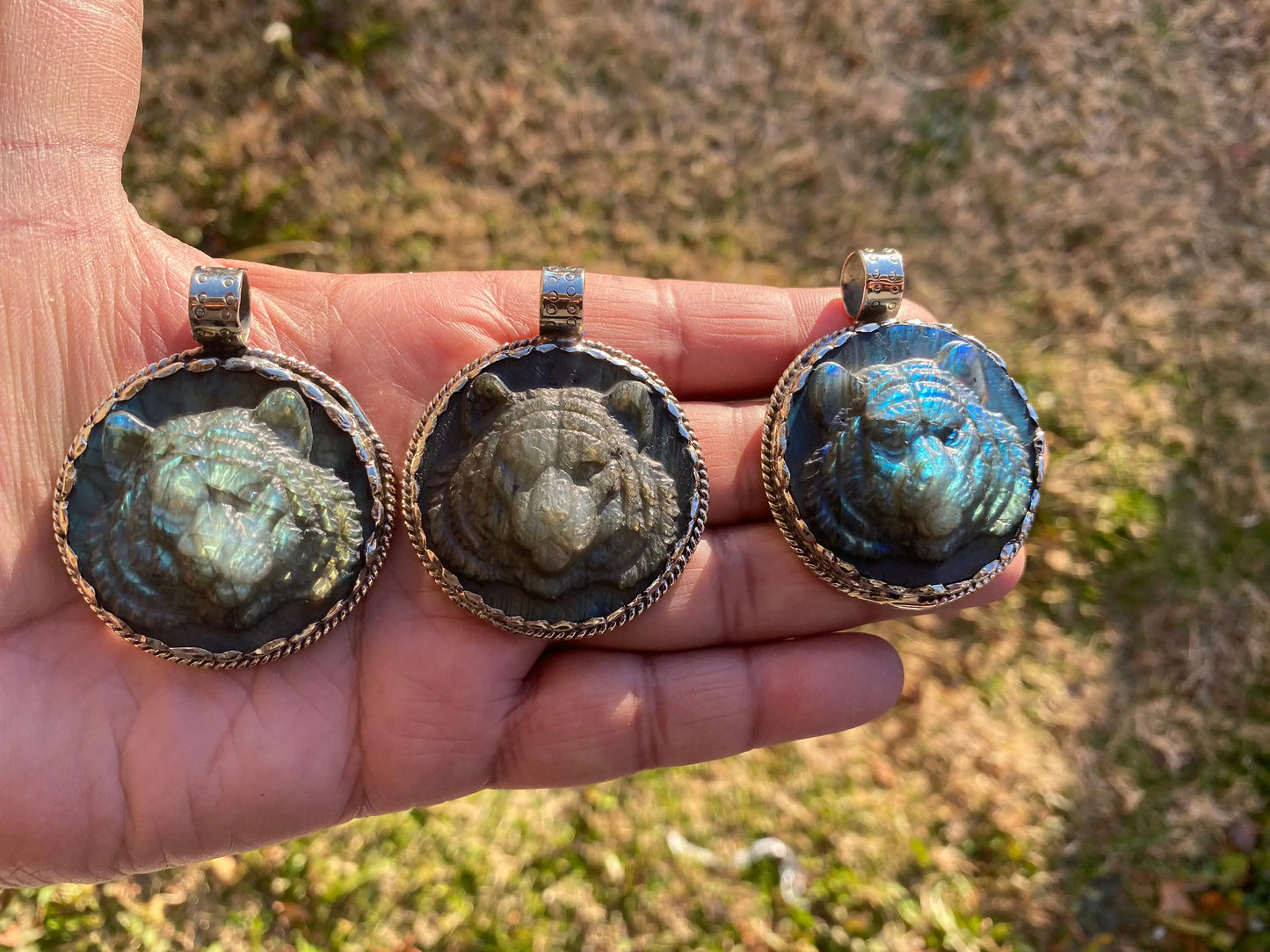 Tiger Hand Carved Labradorite Tibetan Silver Pendant, Tiger Pendant, Labradorite Tiger, Blue Labradorite, Crystal Pendant, Animal Pendant