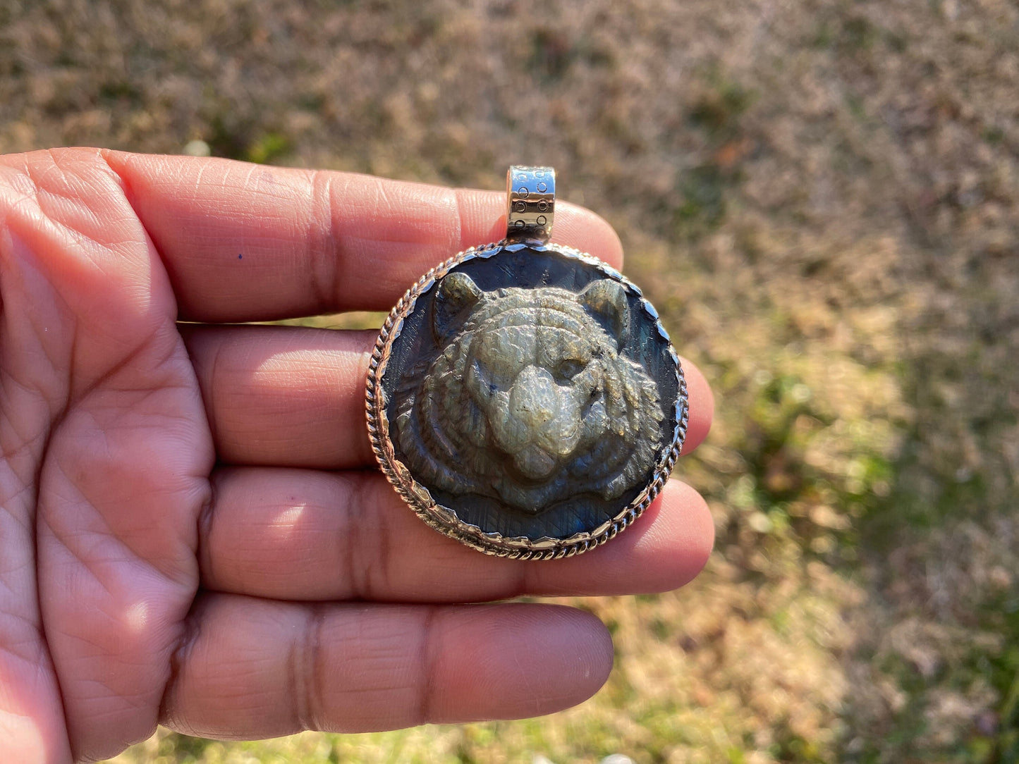 Tiger Hand Carved Labradorite Tibetan Silver Pendant, Tiger Pendant, Labradorite Tiger, Blue Labradorite, Crystal Pendant, Animal Pendant
