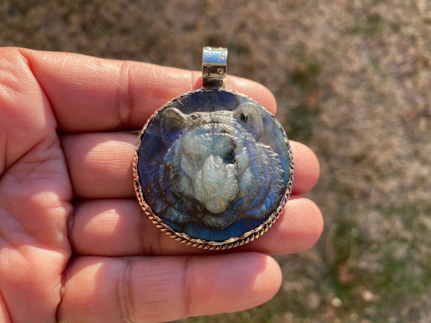 Tiger Hand Carved Labradorite Tibetan Silver Pendant, Tiger Pendant, Labradorite Tiger, Blue Labradorite, Crystal Pendant, Animal Pendant