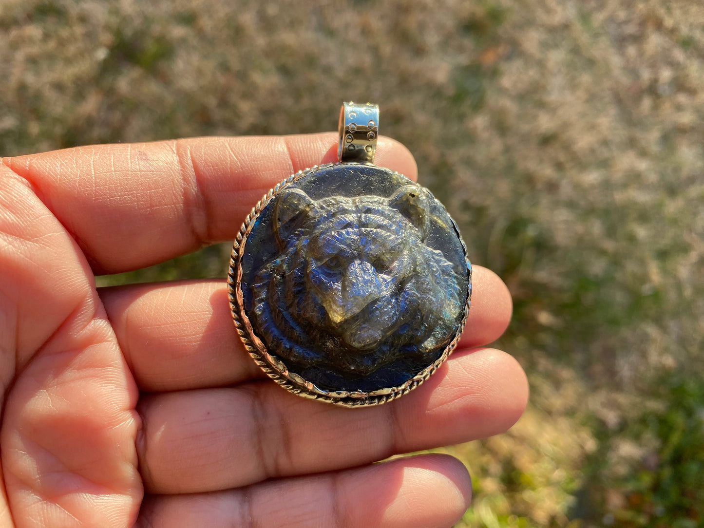 Tiger Hand Carved Labradorite Tibetan Silver Pendant, Tiger Pendant, Labradorite Tiger, Blue Labradorite, Crystal Pendant, Animal Pendant