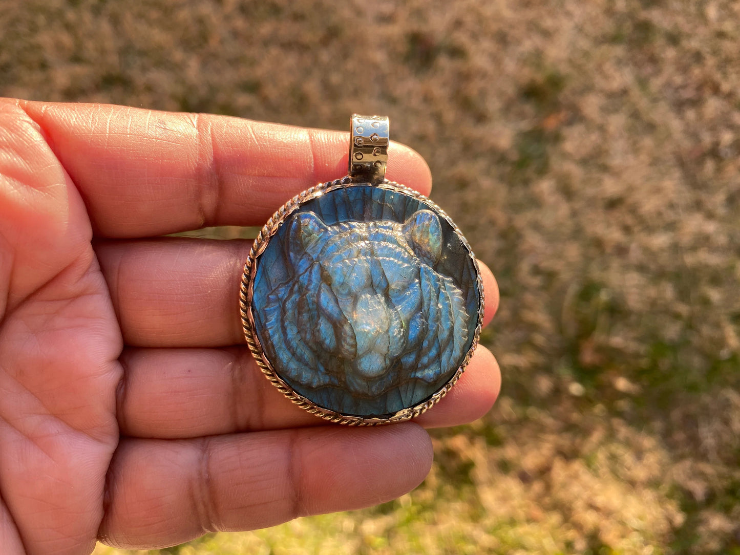 Tiger Hand Carved Labradorite Tibetan Silver Pendant, Tiger Pendant, Labradorite Tiger, Blue Labradorite, Crystal Pendant, Animal Pendant