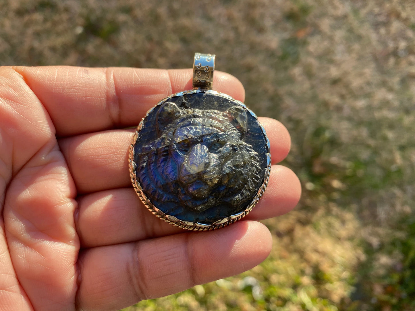 Tiger Hand Carved Labradorite Tibetan Silver Pendant, Tiger Pendant, Labradorite Tiger, Blue Labradorite, Crystal Pendant, Animal Pendant