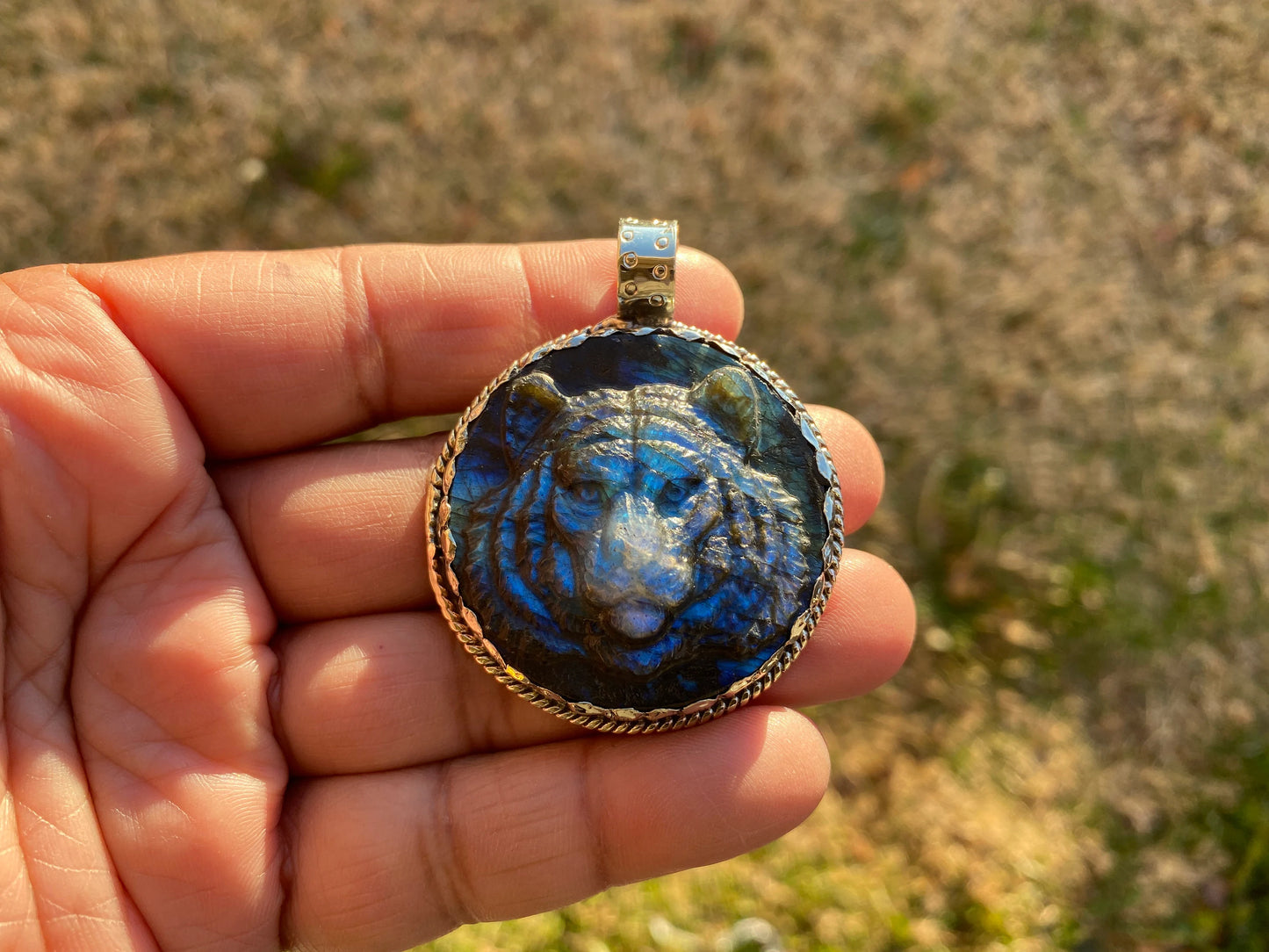 Tiger Hand Carved Labradorite Tibetan Silver Pendant, Tiger Pendant, Labradorite Tiger, Blue Labradorite, Crystal Pendant, Animal Pendant