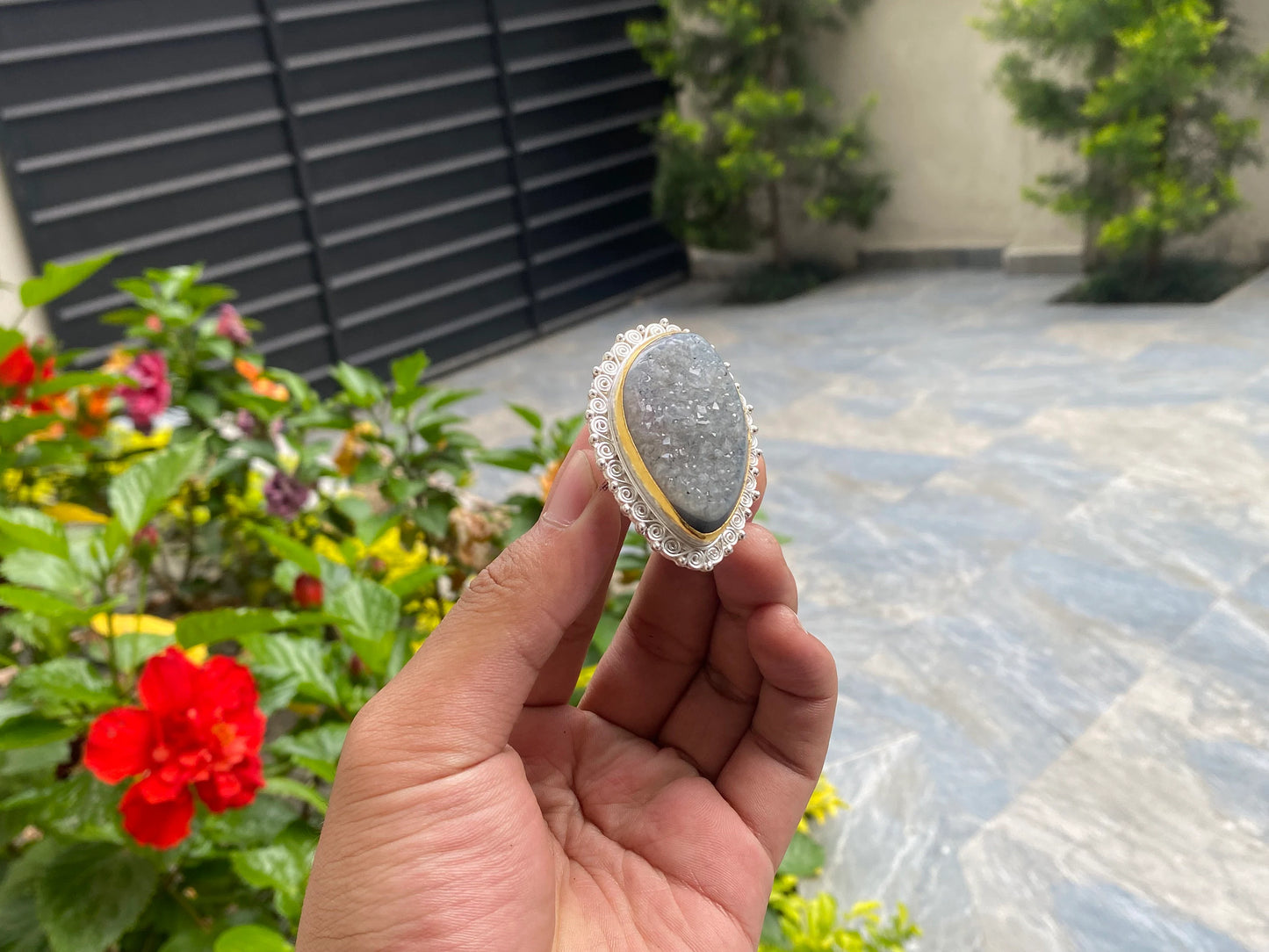 Timeless Beauty: Antique Aesthetic Druzy Agate Adjustable Ring, Unisex Ring, Hammered ring, Gift ideas.