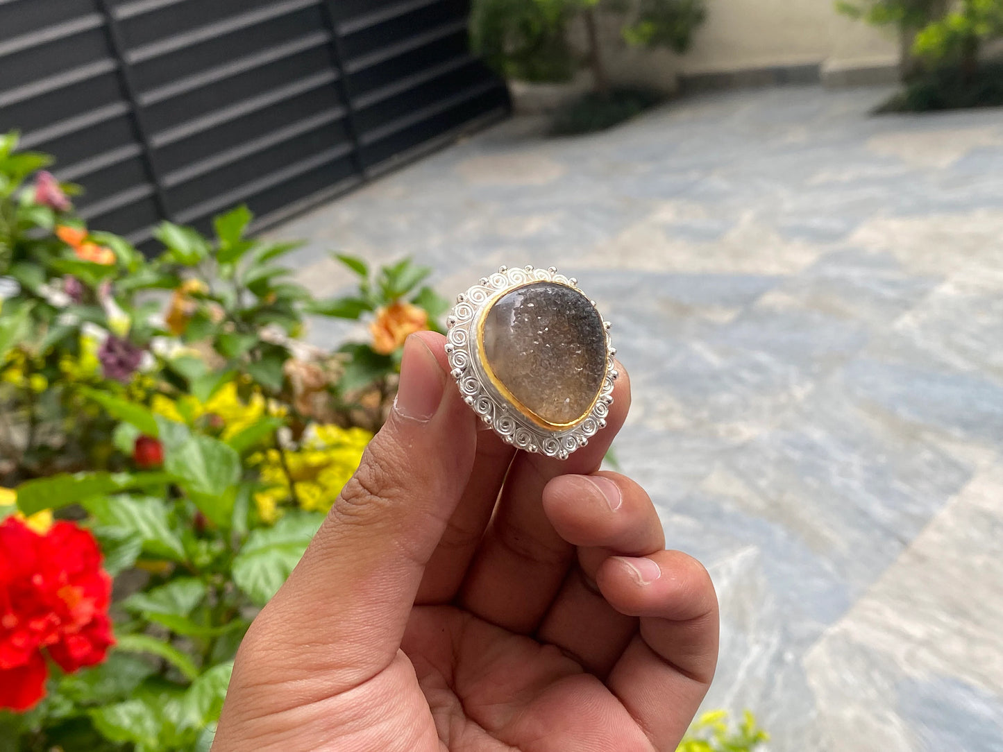 Timeless Beauty: Antique Aesthetic Druzy Agate Adjustable Ring, Unisex Ring, Hammered ring, Gift ideas.