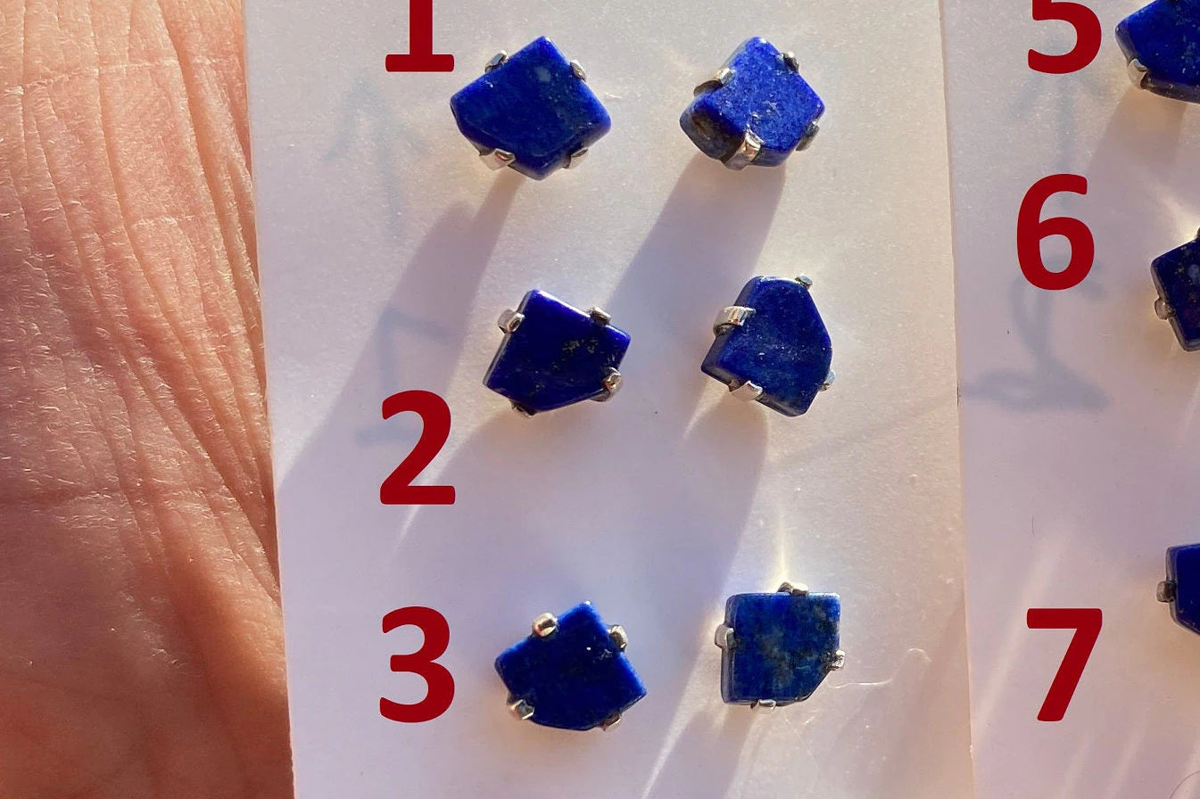 Tiny Lapis Lazuli Gemstone Sterling Silver Stud Earring, Raw Natural Stone, Energy, Protection Jewelry, Handmade Earring, Birthday Gift
