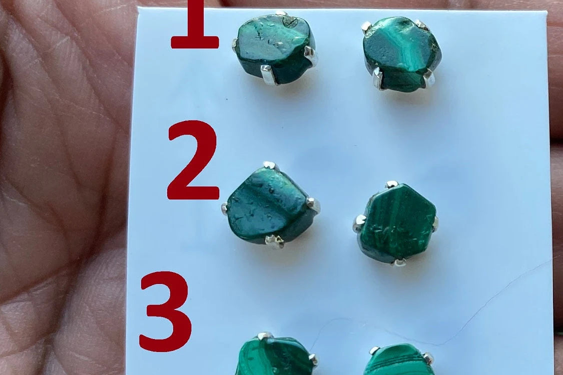 Raw Natural Malachite Chip Sterling Silver Stud Earrings, Tiny Malachite Earrings, Malachite Jewelry, Heart Chakra Stone, Freeform Malachite