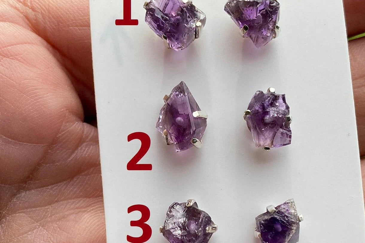 Tiny Raw Amethyst Sterling Silver Earring, Raw Prong Set Stud Earrings, Amethyst Stud Earring, February Birthstone, Small Gemstone Earrings