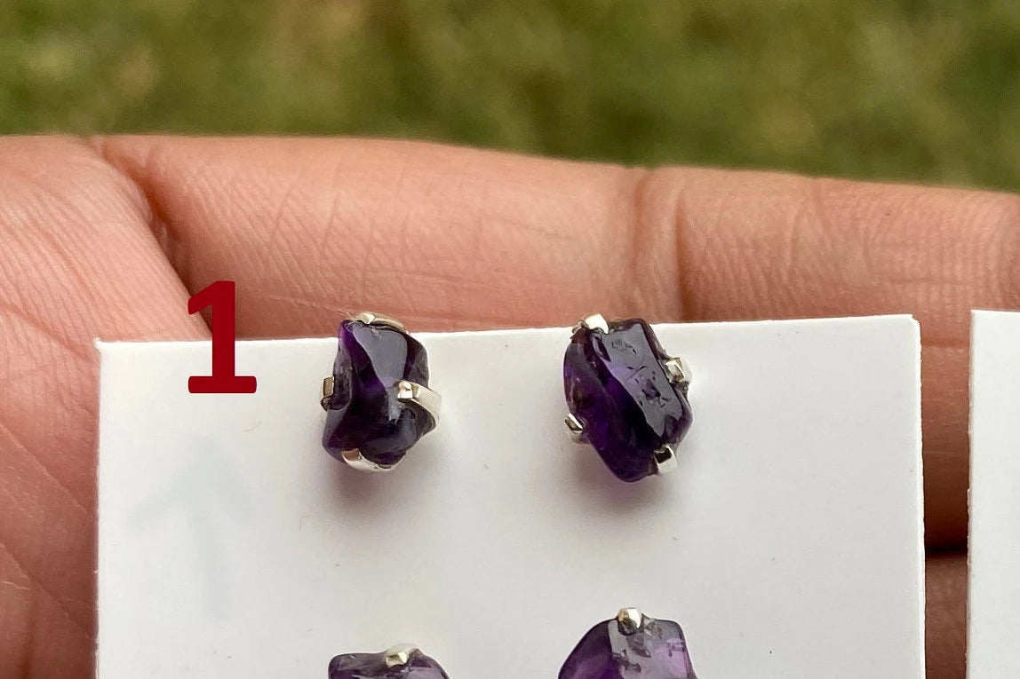 Tiny Raw Amethyst Sterling Silver Earring, Raw Prong Set Stud Earrings, Amethyst Stud Earring, February Birthstone, Small Gemstone Earrings