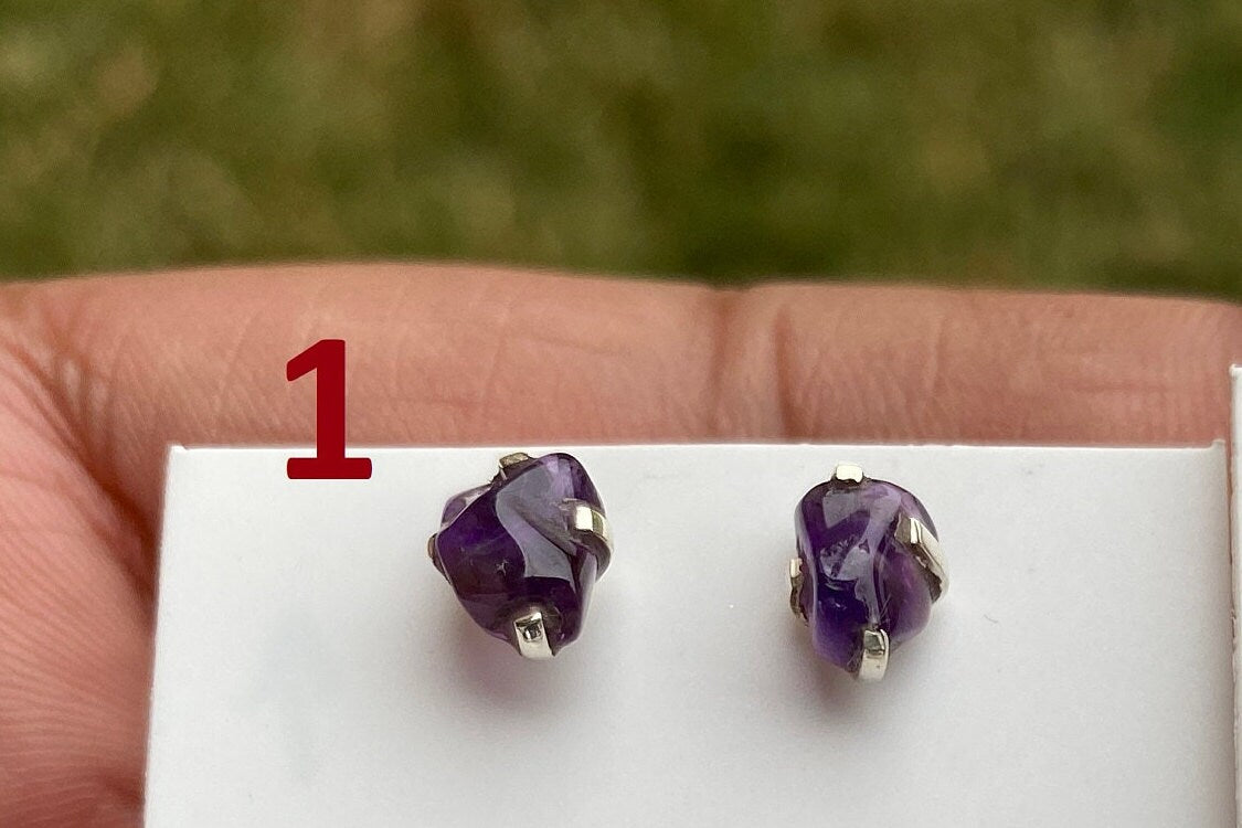 Tiny Raw Amethyst Sterling Silver Earring, Raw Prong Set Stud Earrings, Amethyst Stud Earring, February Birthstone, Small Gemstone Earrings