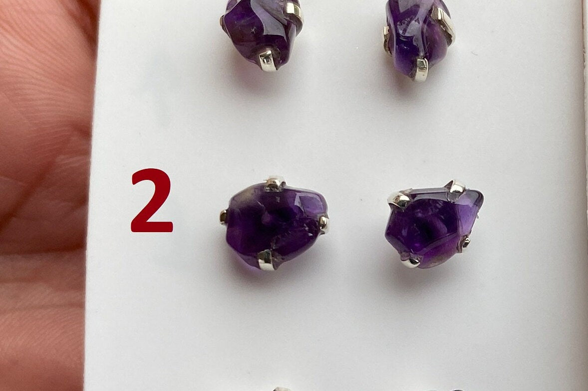 Tiny Raw Amethyst Sterling Silver Earring, Raw Prong Set Stud Earrings, Amethyst Stud Earring, February Birthstone, Small Gemstone Earrings