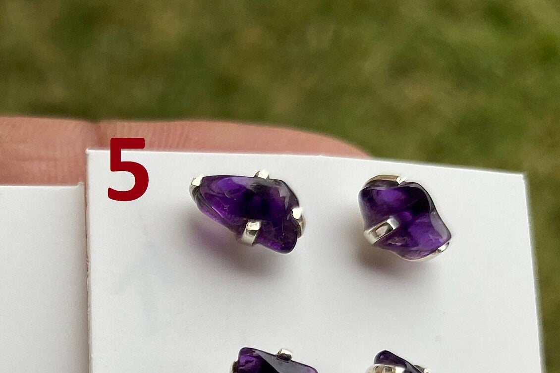 Tiny Raw Amethyst Sterling Silver Earring, Raw Prong Set Stud Earrings, Amethyst Stud Earring, February Birthstone, Small Gemstone Earrings