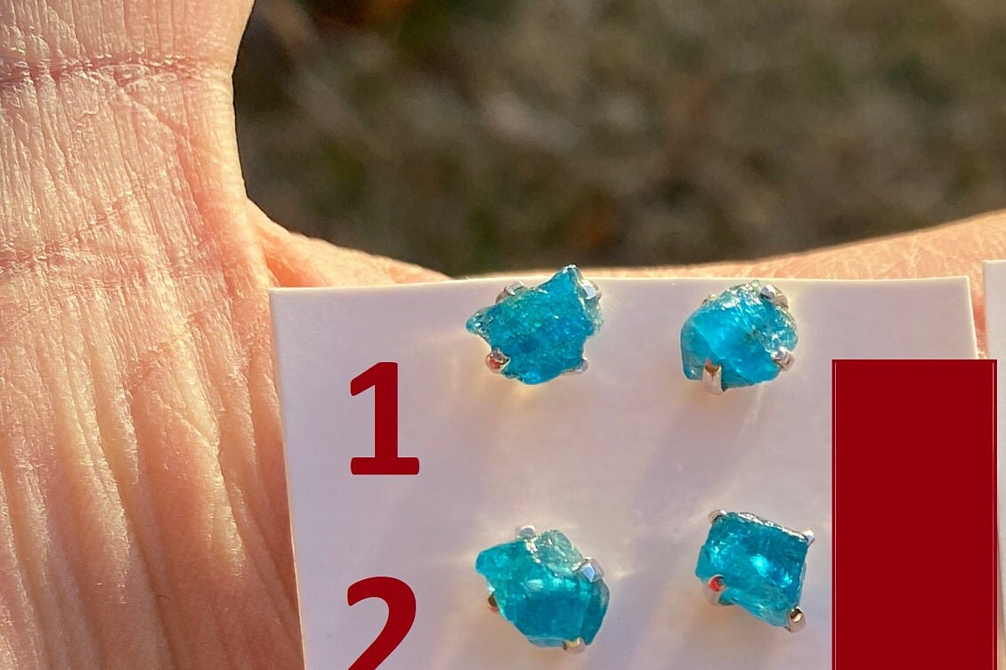 Tiny Raw Blue Apatite Gemstone 92.5 Sterling Silver Stud Earrings, Healing Crystal Earring, Natural Stone Earring, Bridesmaids Jewelry