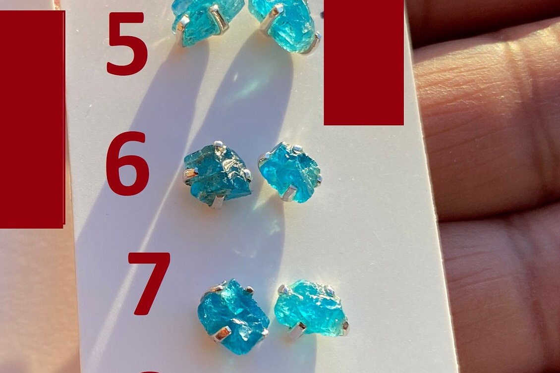 Tiny Raw Blue Apatite Gemstone 92.5 Sterling Silver Stud Earrings, Healing Crystal Earring, Natural Stone Earring, Bridesmaids Jewelry